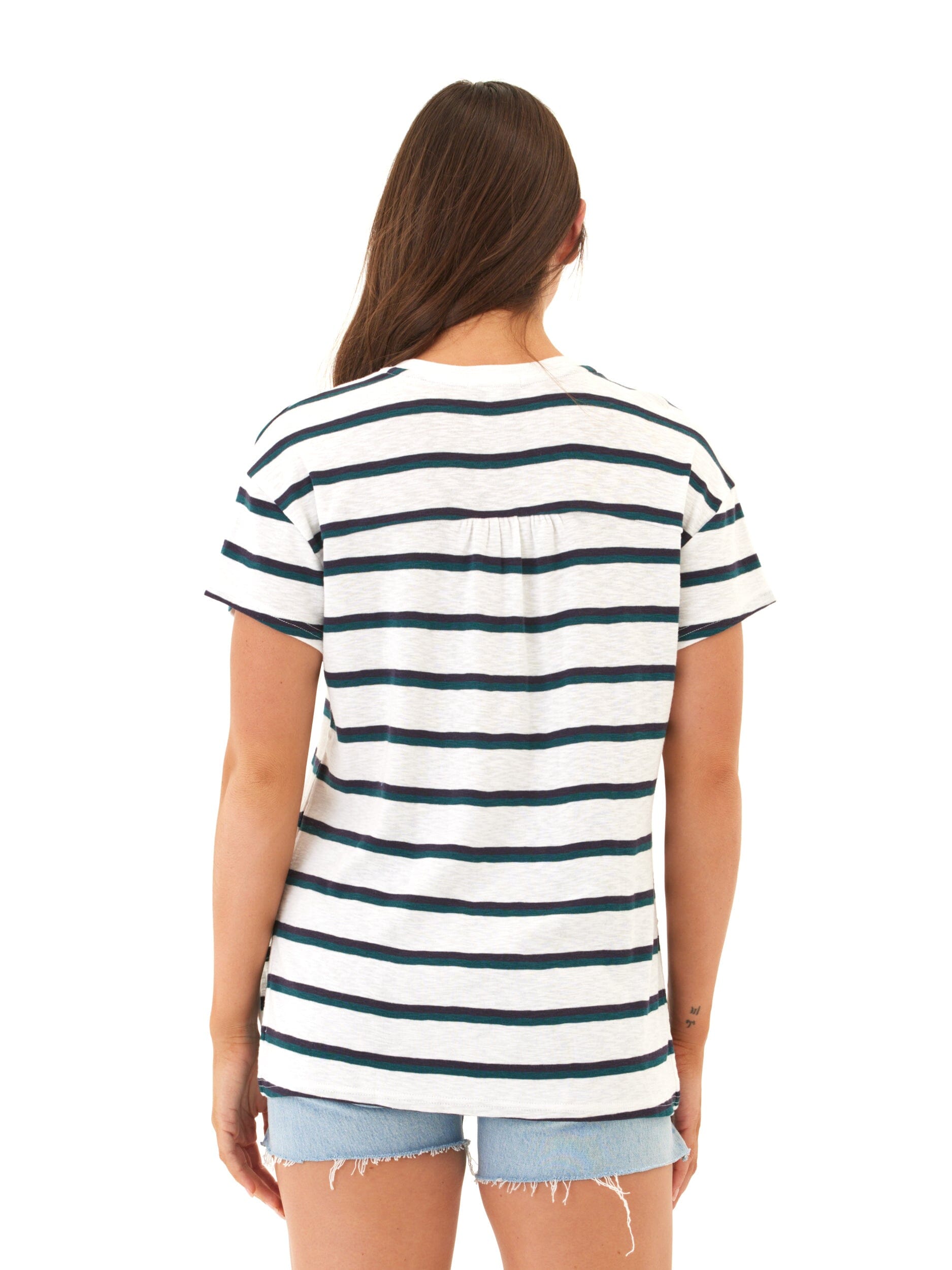 Women's Striped Slub Jersey V-Neck Tee in Navy, Green, and White