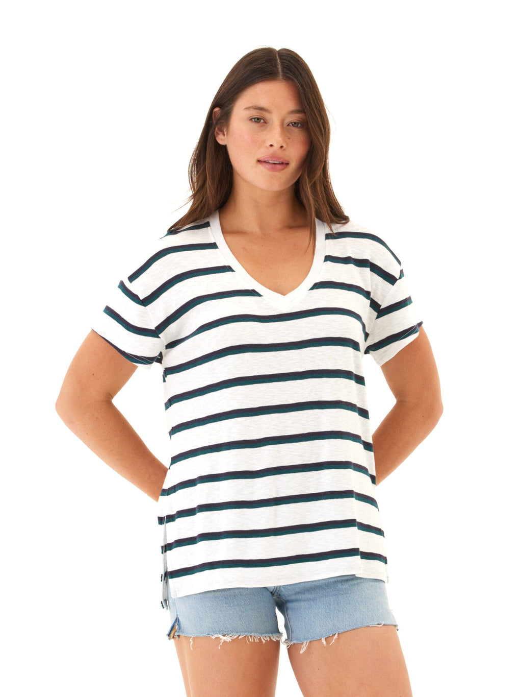 Women's Striped Slub Jersey V-Neck Tee in Navy, Green, and White