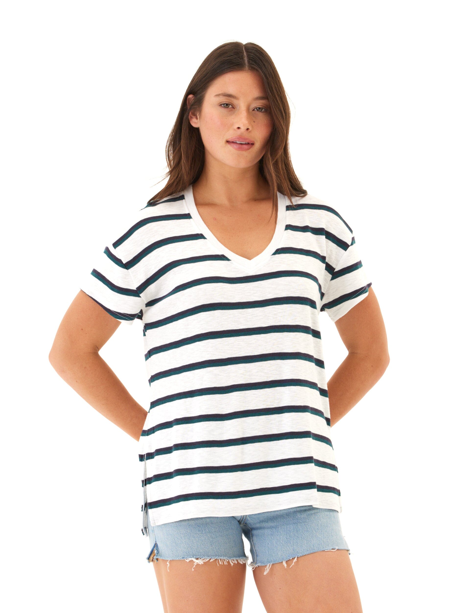 Women's Striped Slub Jersey V-Neck Tee in Navy, Green, and White