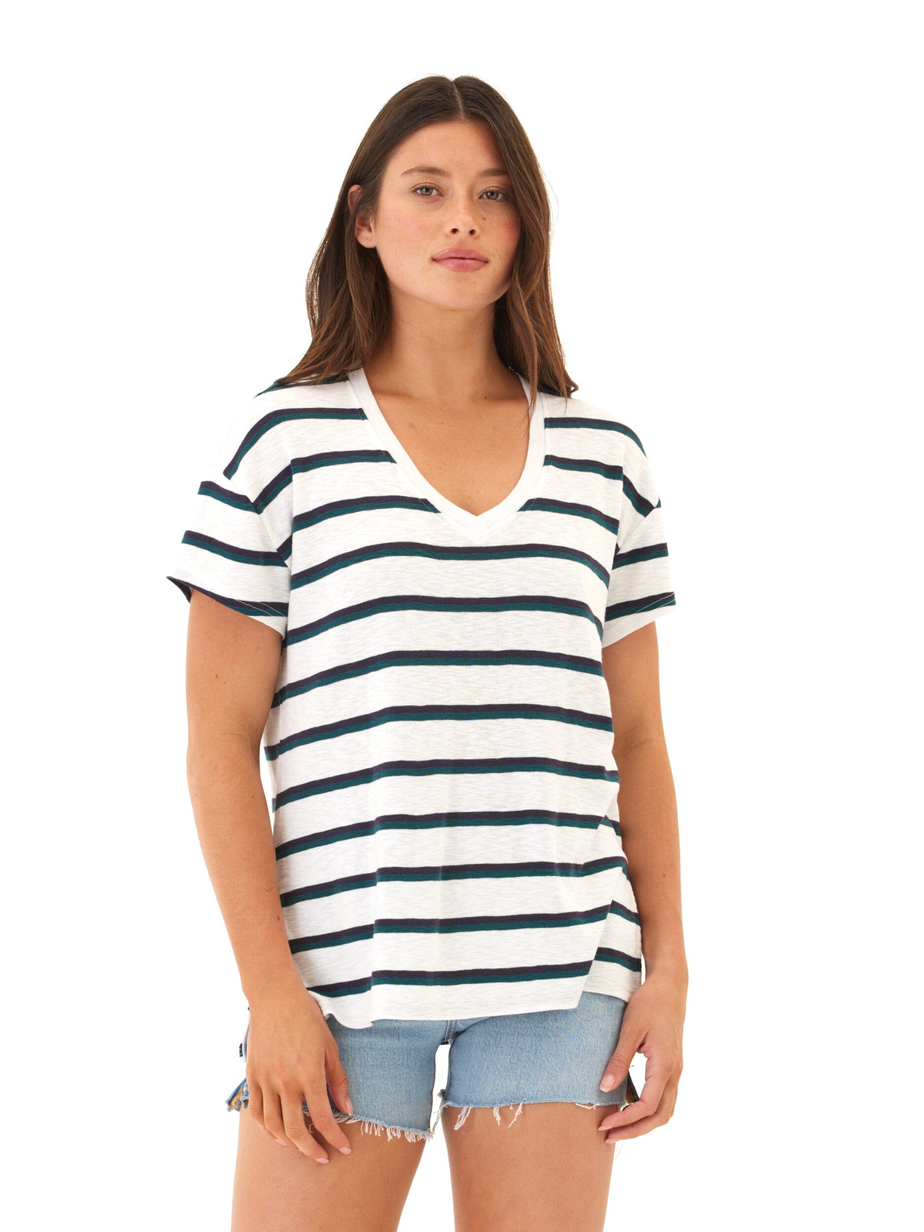 Women's Striped Slub Jersey V-Neck Tee in Navy, Green, and White