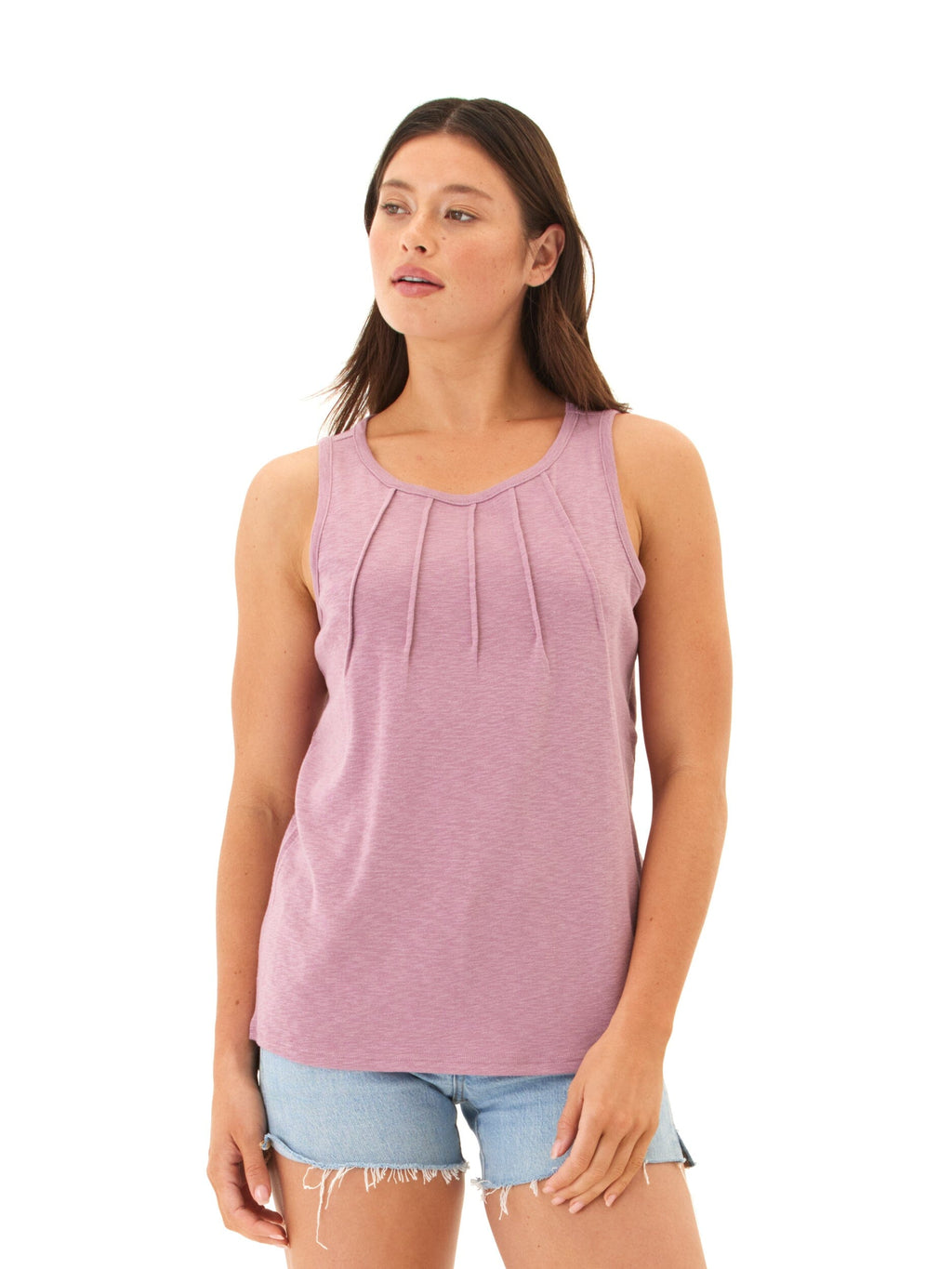 A mauve and lavender-dust colored slub jersey tank top with pleated neckline details