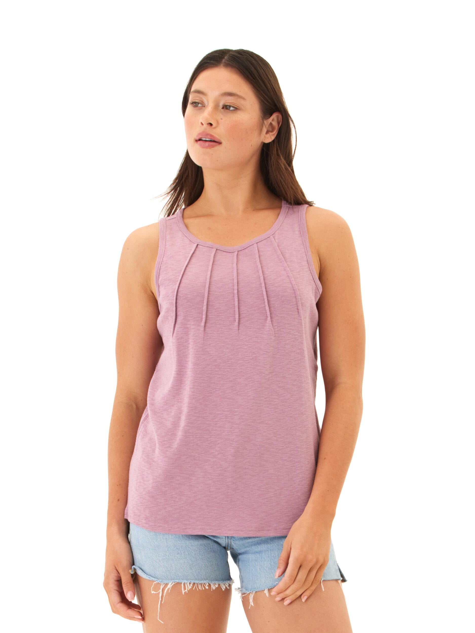 A mauve and lavender-dust colored slub jersey tank top with pleated neckline details