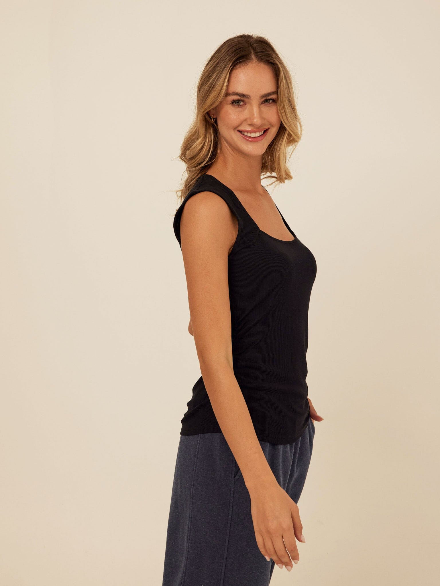 Brynlee Feather Rib Ruched Square Neck Tank Top