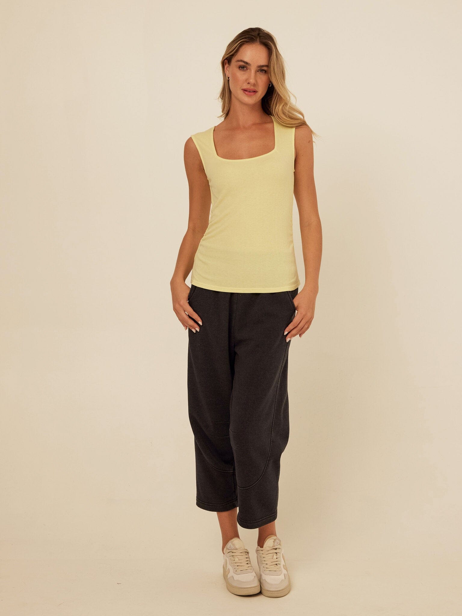 Brynlee Feather Rib Ruched Top: Square Neck Fitted Tank