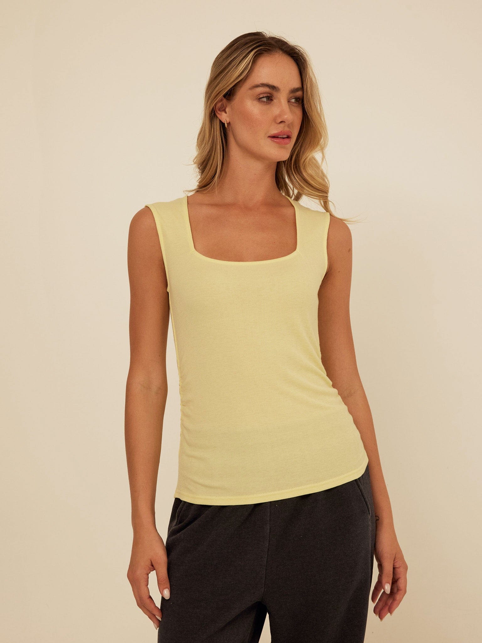 Brynlee Feather Rib Ruched Top: Square Neck Fitted Tank