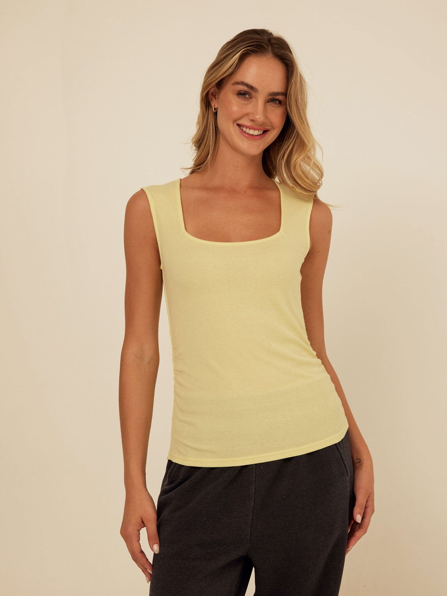 Brynlee Feather Rib Ruched Top: Square Neck Fitted Tank
