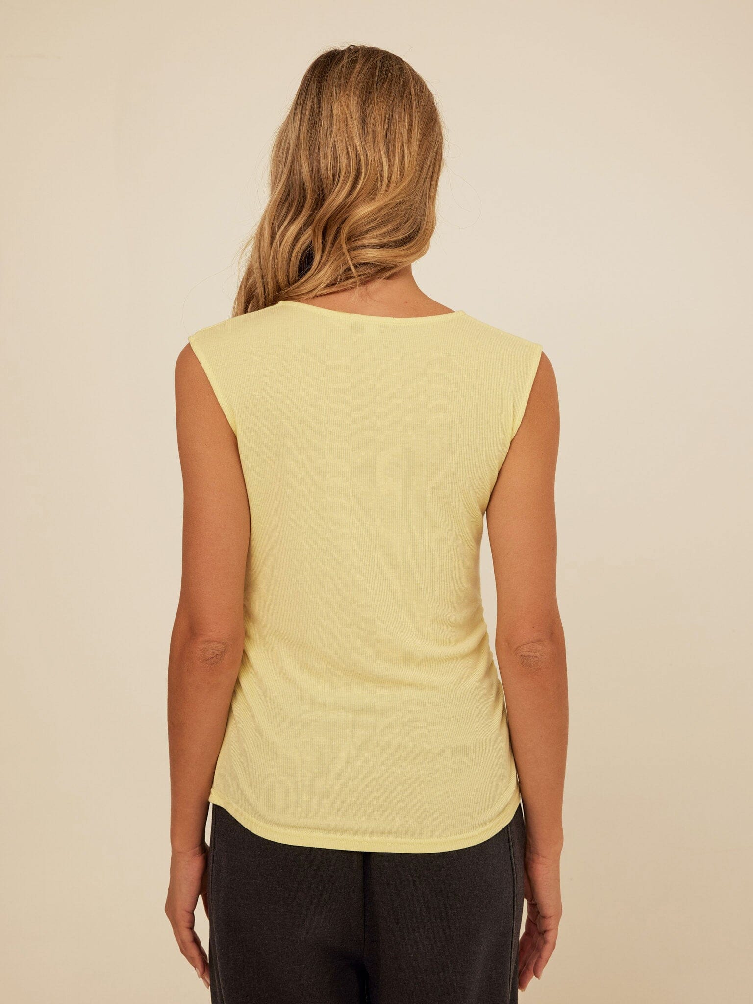 Brynlee Feather Rib Ruched Top: Square Neck Fitted Tank