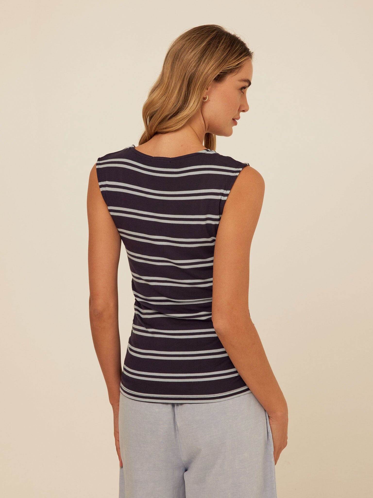 Brynlee Feather Rib Ruched Top: Striped Square Neck Tank