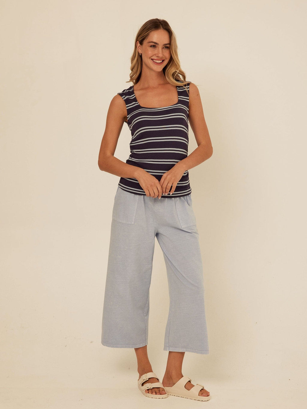 Brynlee Feather Rib Ruched Top: Striped Square Neck Tank