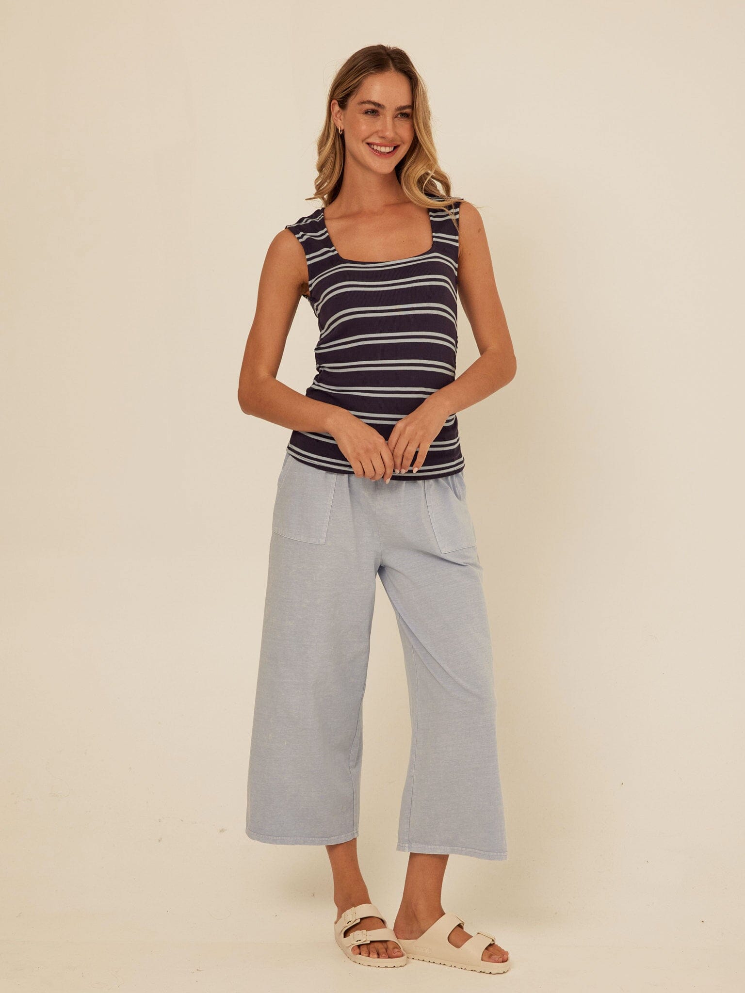 Brynlee Feather Rib Ruched Top: Striped Square Neck Tank