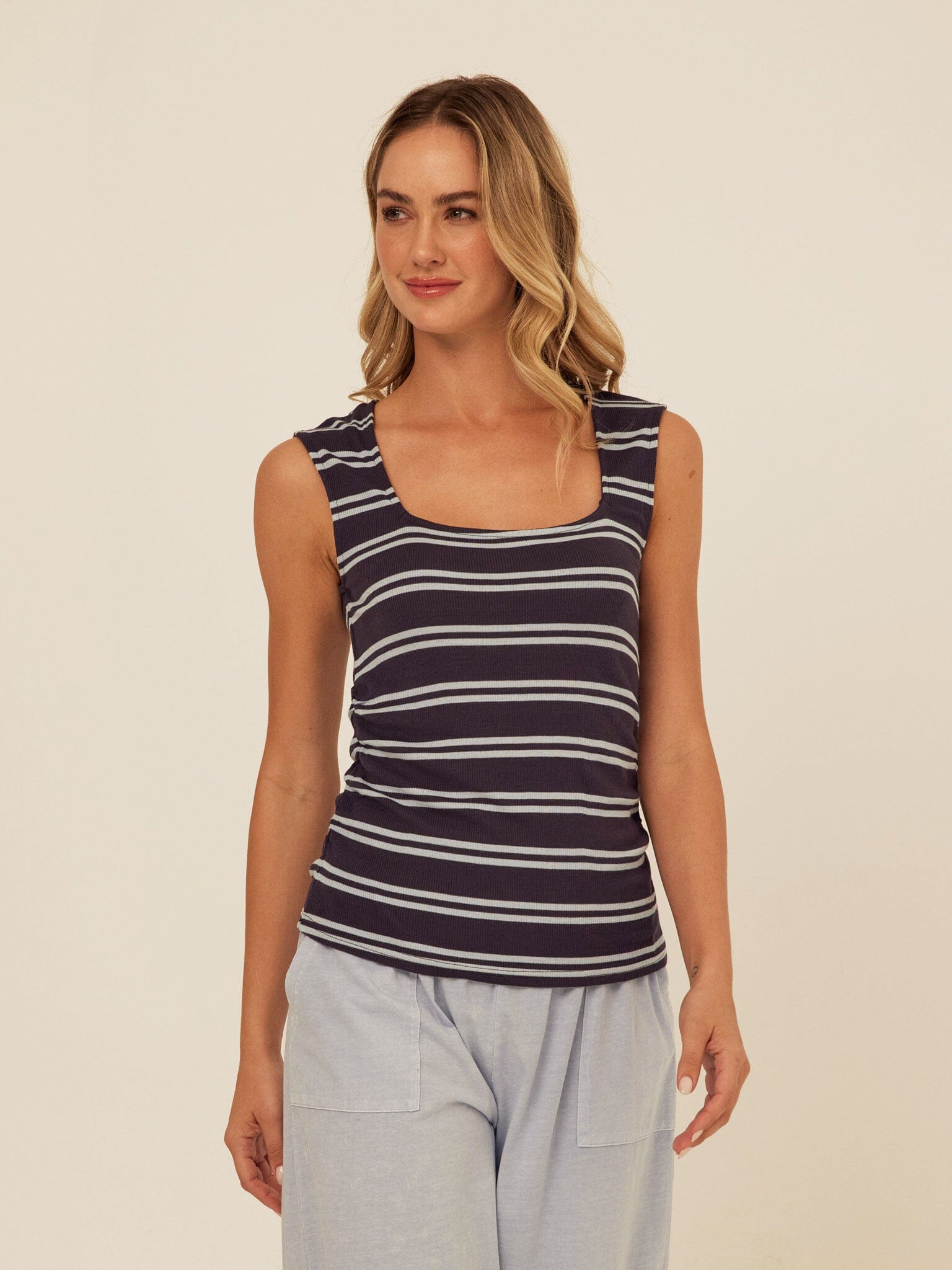 Brynlee Feather Rib Ruched Top: Striped Square Neck Tank