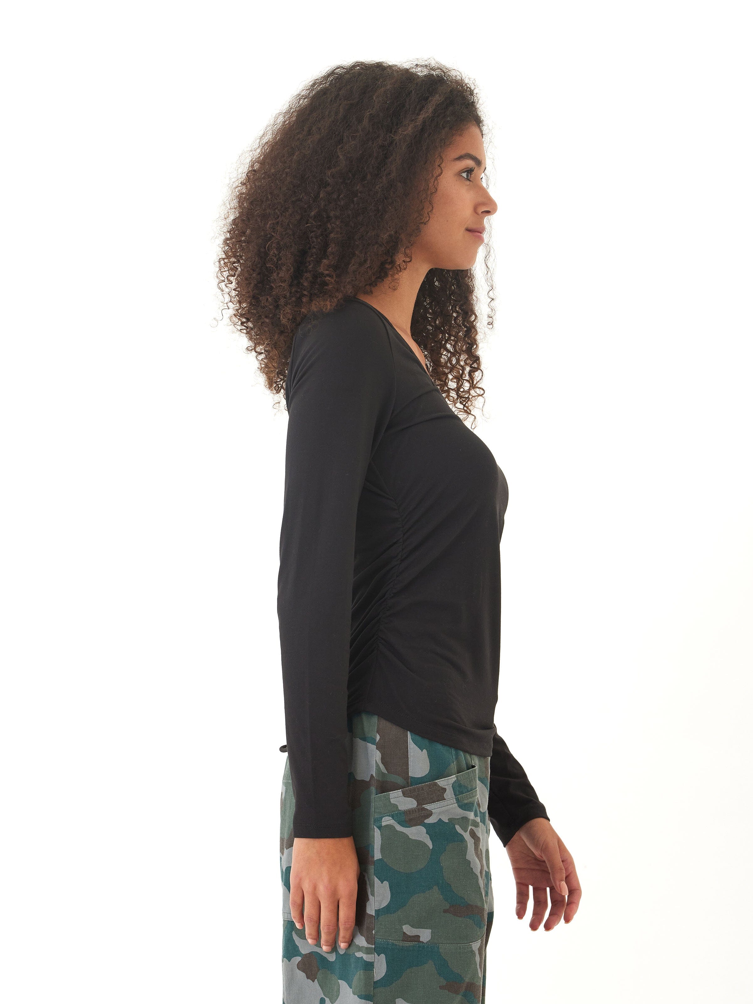 Lucia Luxe Jersey Ruched Long Sleeve Top in Black