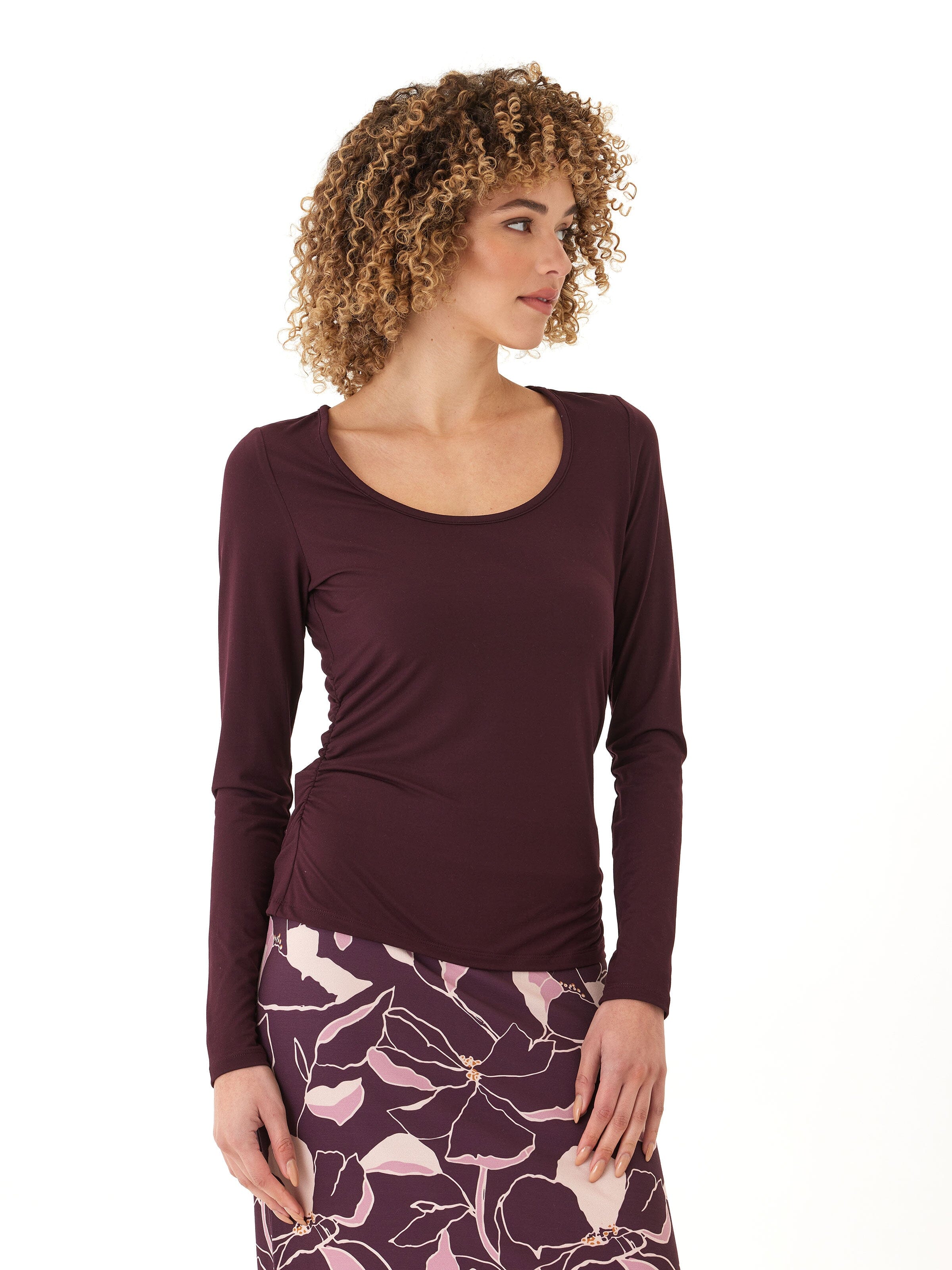 Lucia Luxe Jersey Ruched Long Sleeve Top in Burgundy
