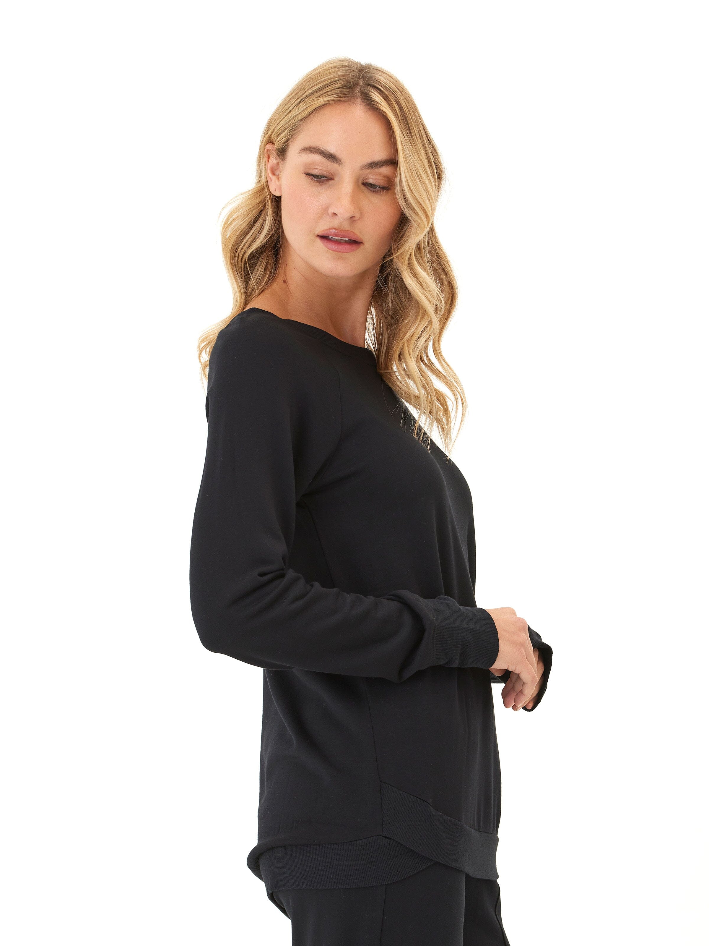 Cannon Feather Fleece Tulip Hem Tunic Sweatshirt in Black