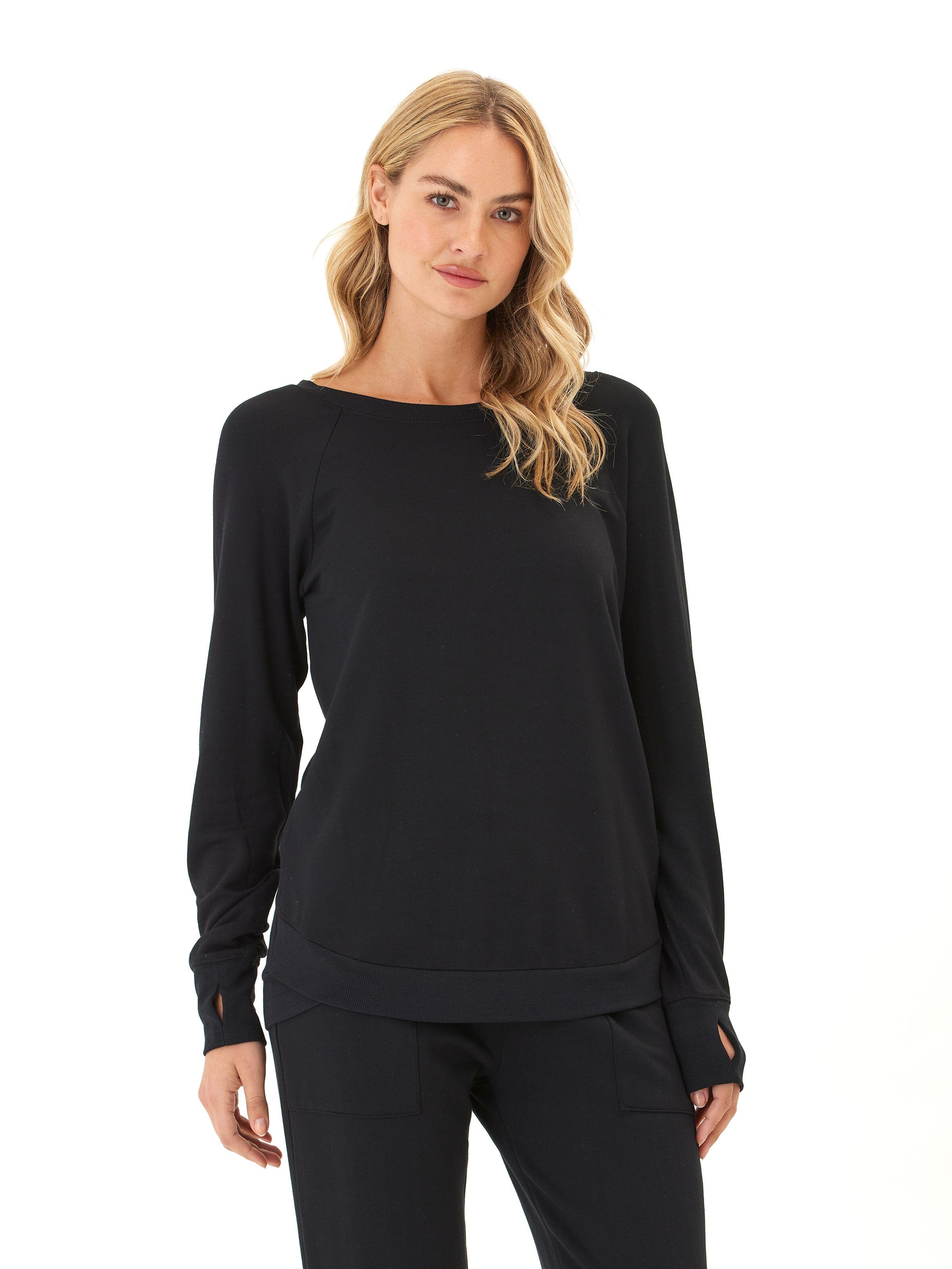 Cannon Feather Fleece Tulip Hem Tunic Sweatshirt in Black