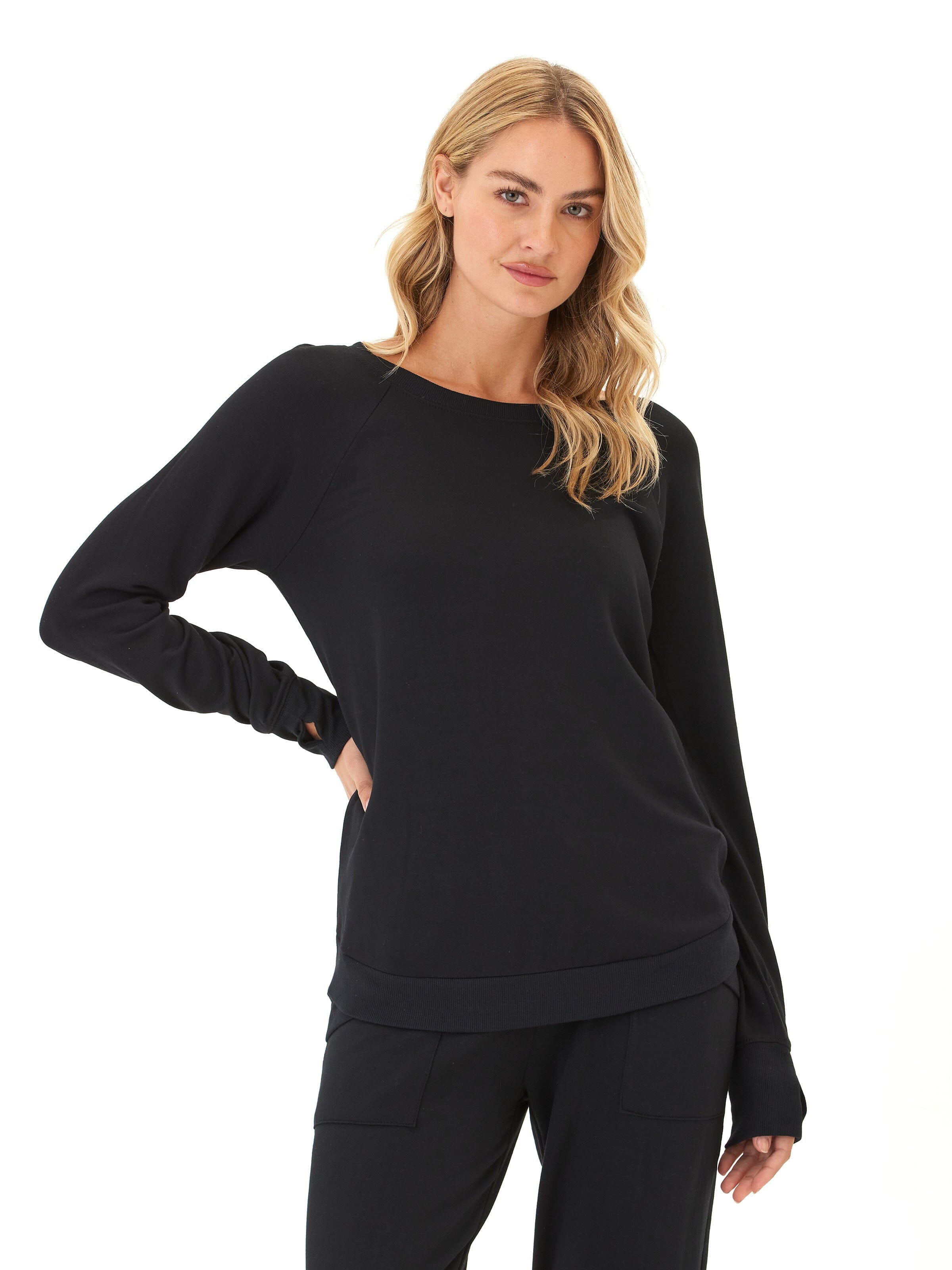 Cannon Feather Fleece Tulip Hem Tunic Sweatshirt in Black