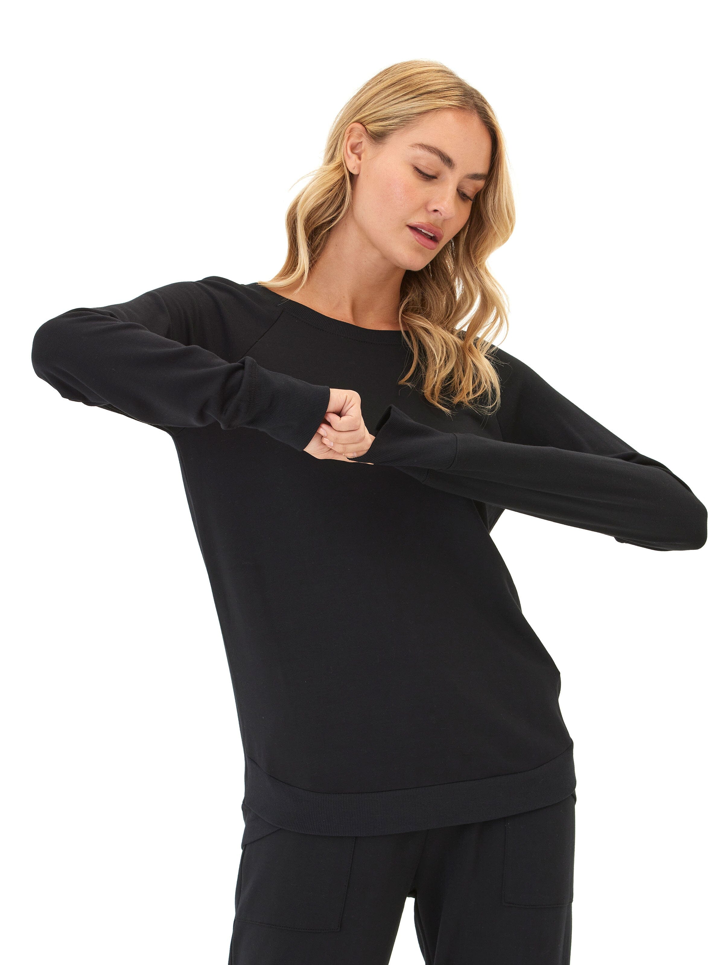 Cannon Feather Fleece Tulip Hem Tunic Sweatshirt in Black
