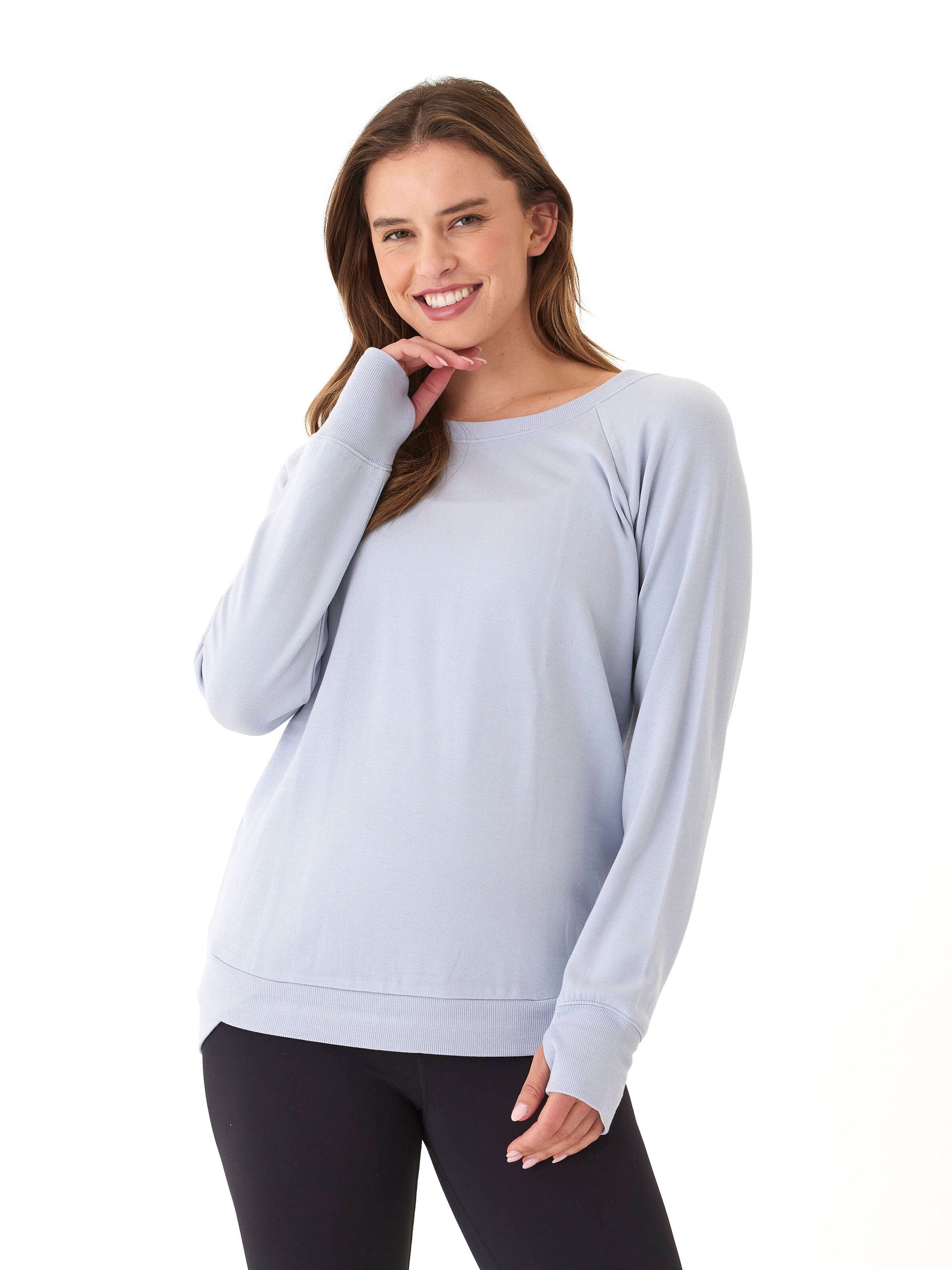 Feather Fleece Tulip Hem Tunic Sweatshirt in Light Blue