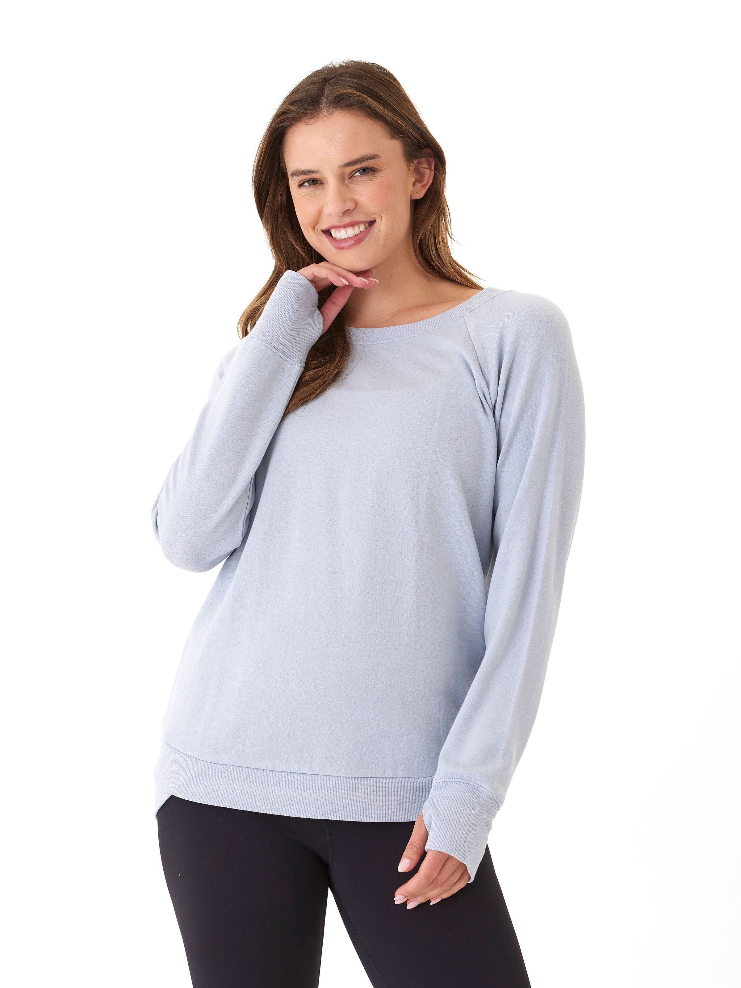 Feather Fleece Tulip Hem Tunic Sweatshirt in Light Blue
