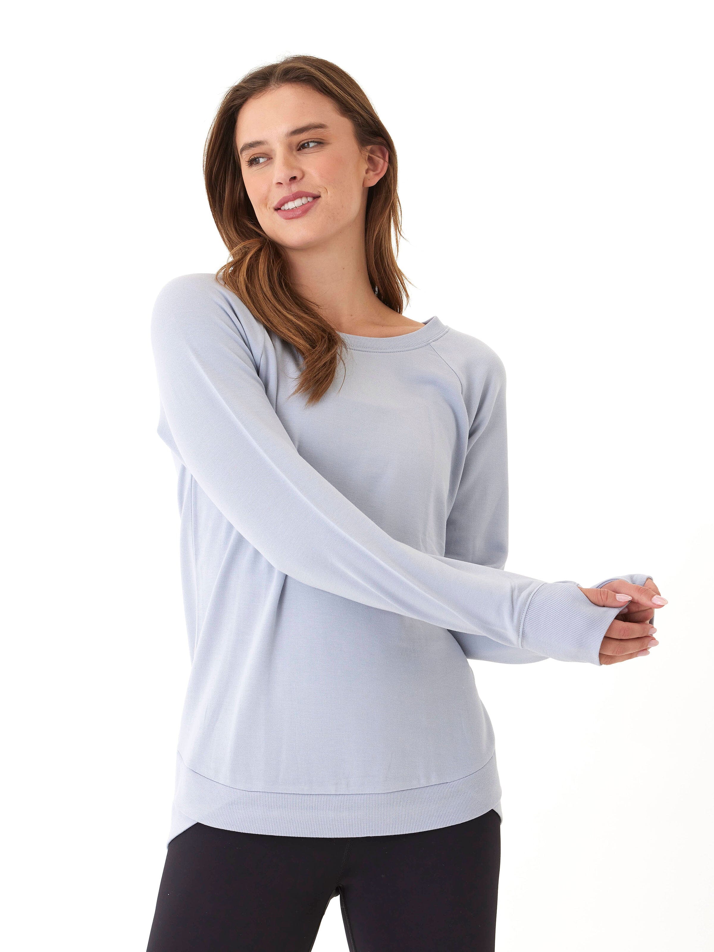 Feather Fleece Tulip Hem Tunic Sweatshirt in Light Blue