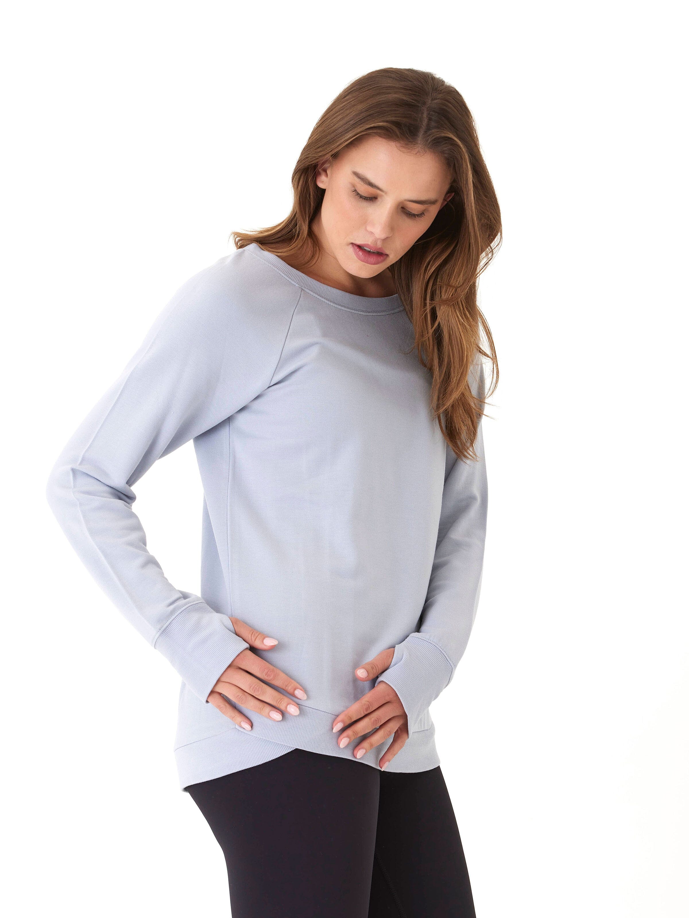 Feather Fleece Tulip Hem Tunic Sweatshirt in Light Blue