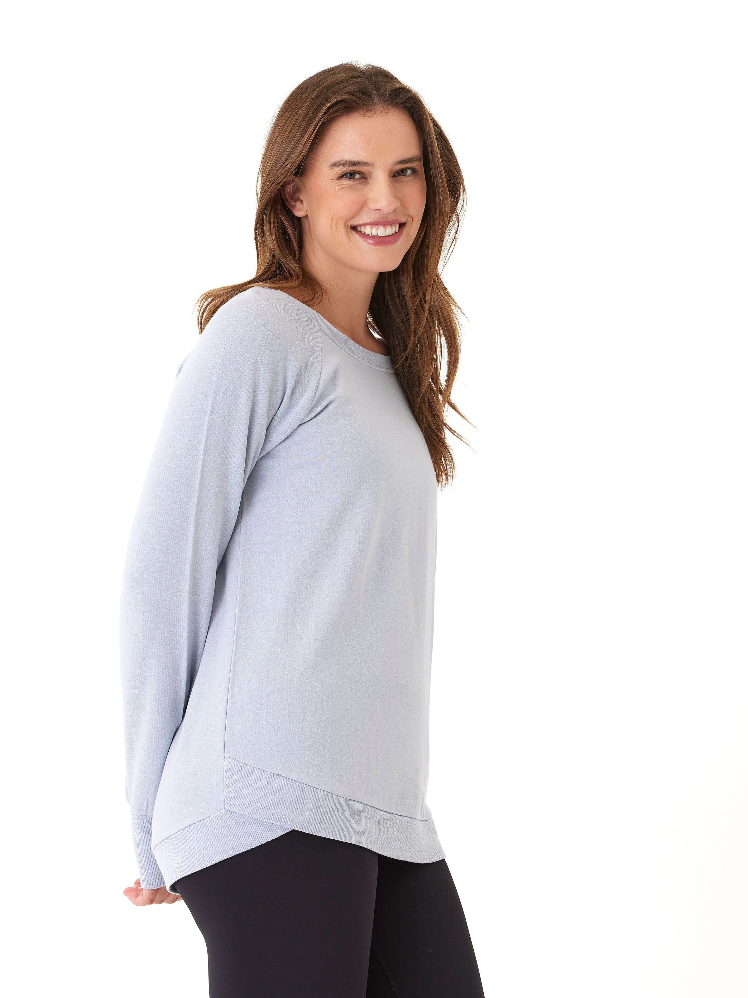Feather Fleece Tulip Hem Tunic Sweatshirt in Light Blue
