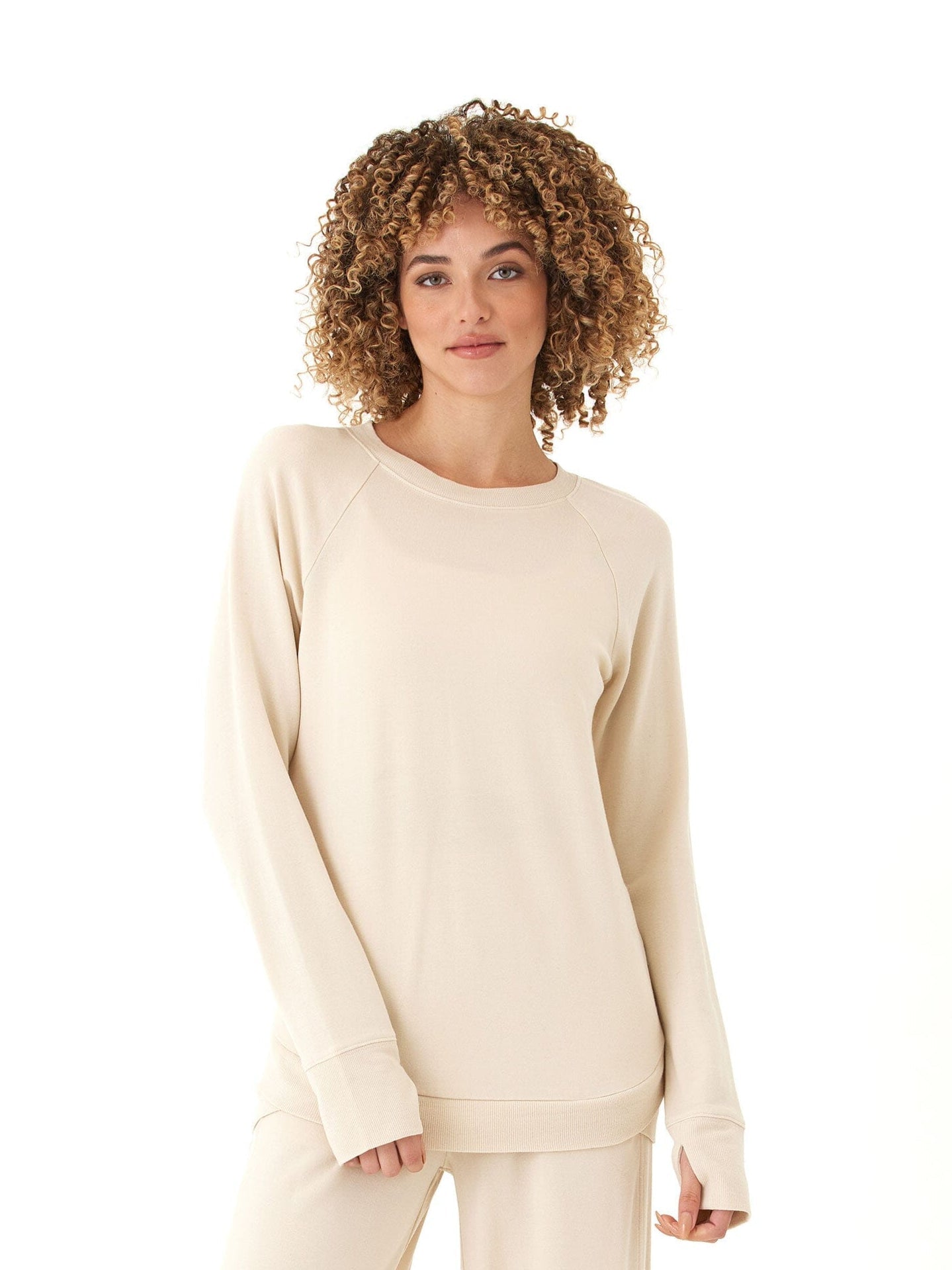 Feather Fleece Tulip Hem Tunic Sweatshirt in Beige