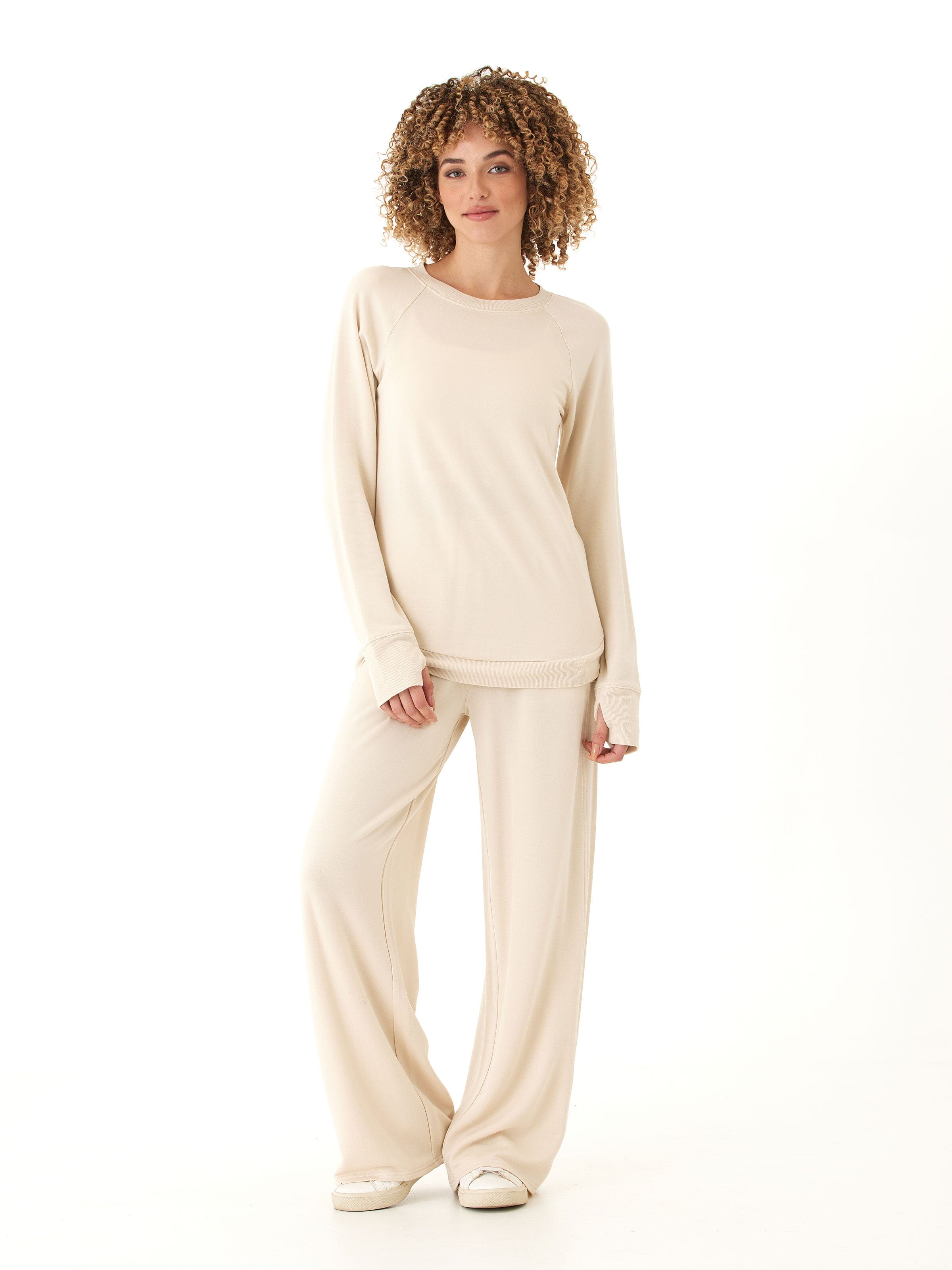 Feather Fleece Tulip Hem Tunic Sweatshirt in Beige