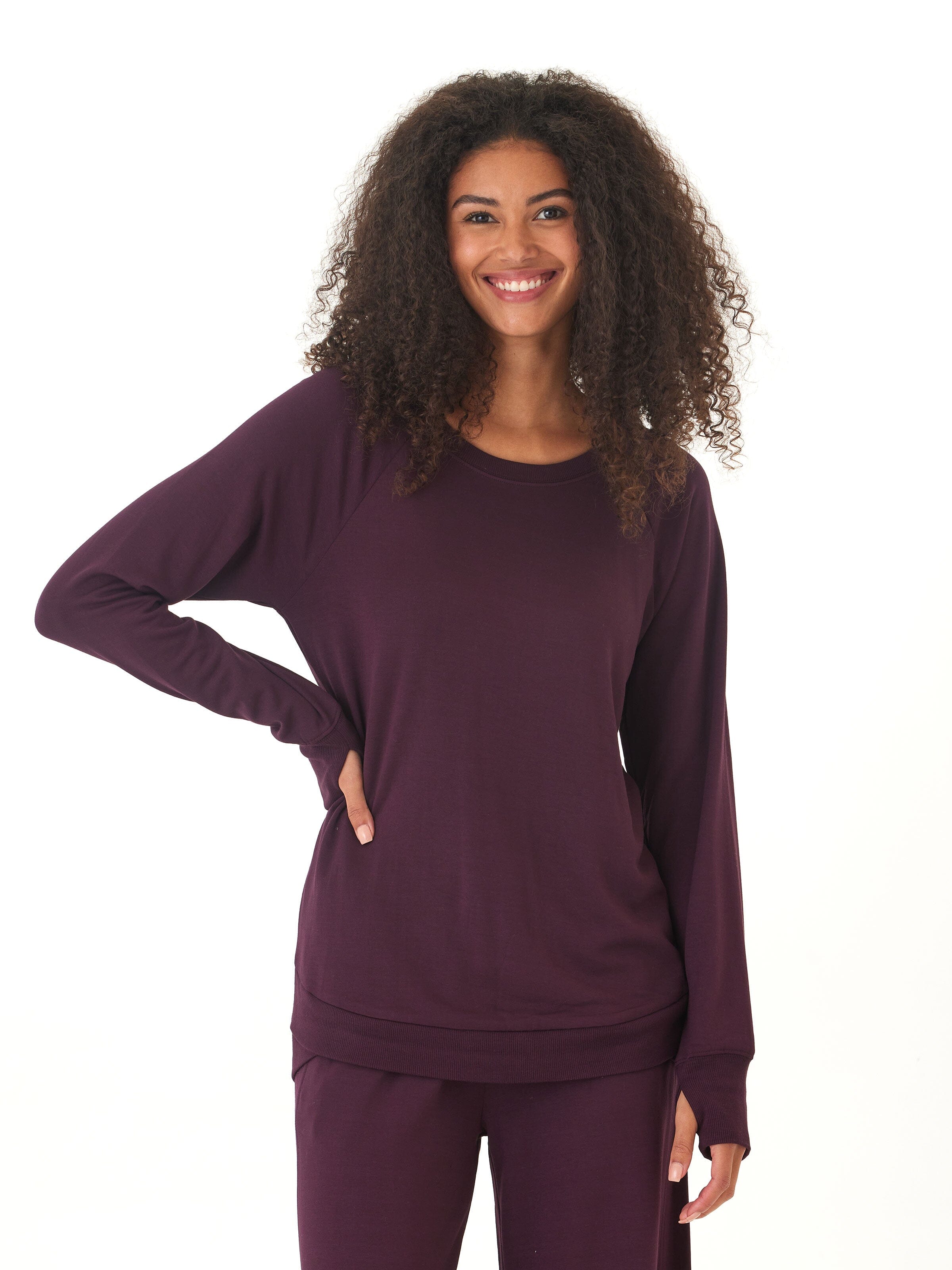 Feather Fleece Tulip Hem Tunic Sweatshirt in Dark Purple
