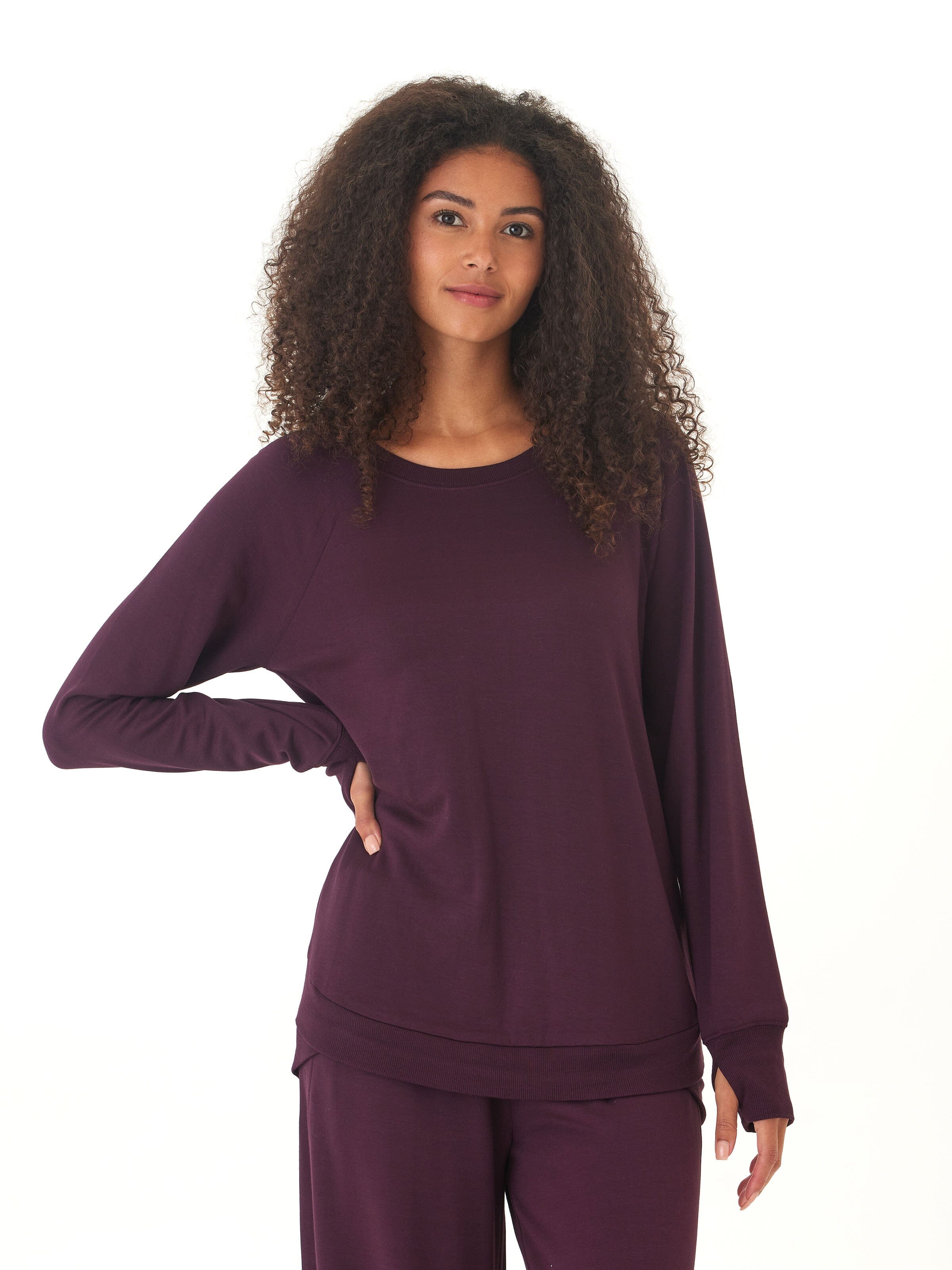 Feather Fleece Tulip Hem Tunic Sweatshirt in Dark Purple