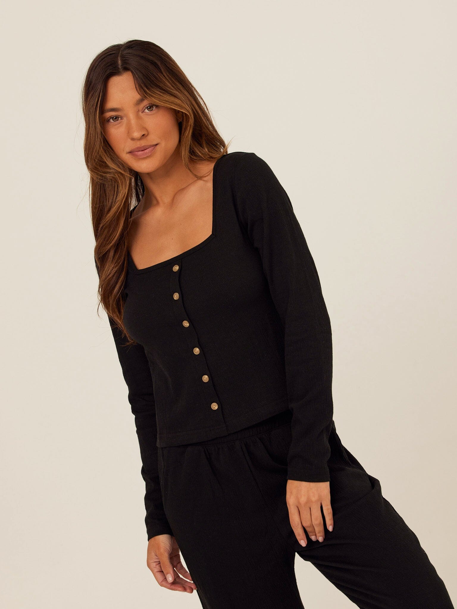 Jamila Smocked Jersey Long Sleeve Square Neck Button-Front Top