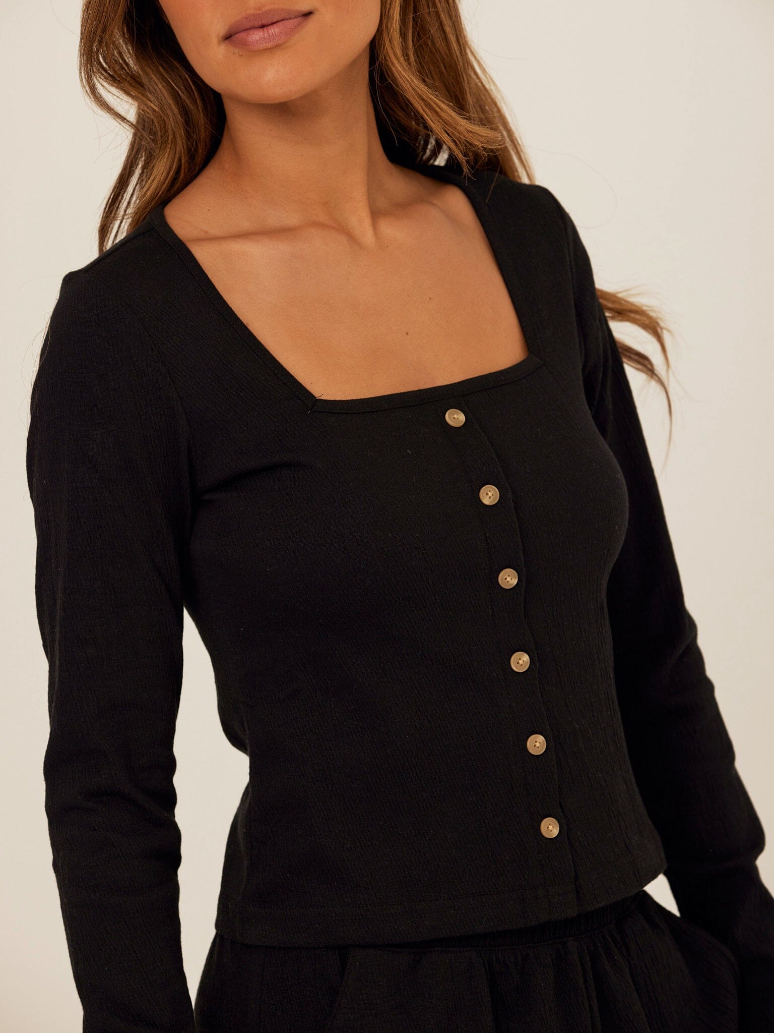 Jamila Smocked Jersey Long Sleeve Square Neck Button-Front Top