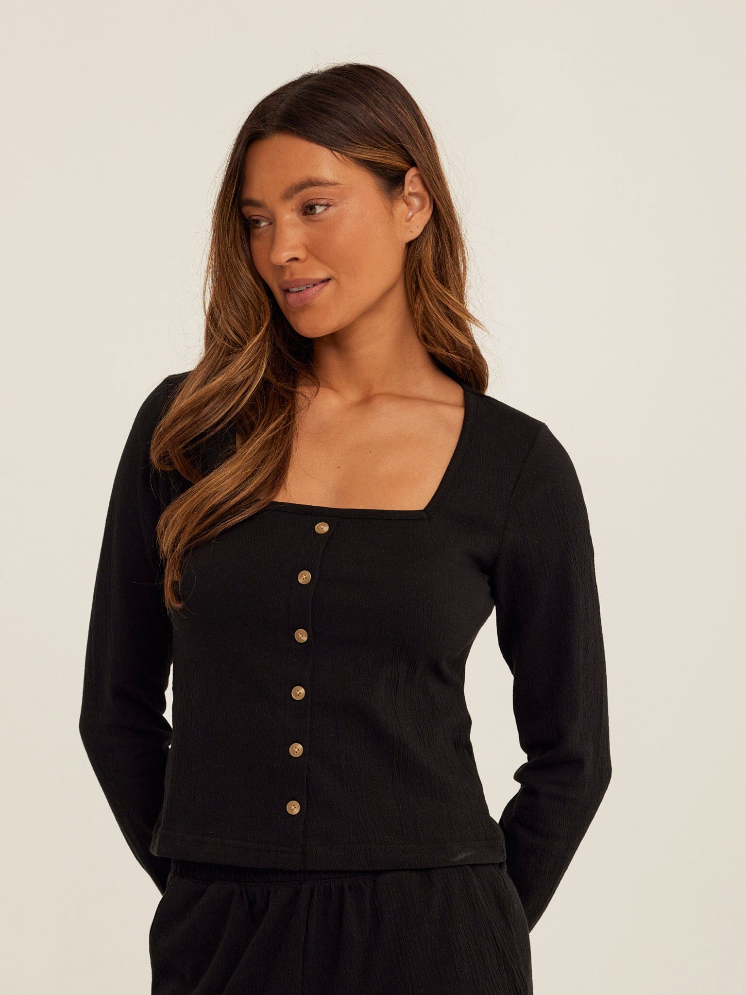 Jamila Smocked Jersey Long Sleeve Square Neck Button-Front Top