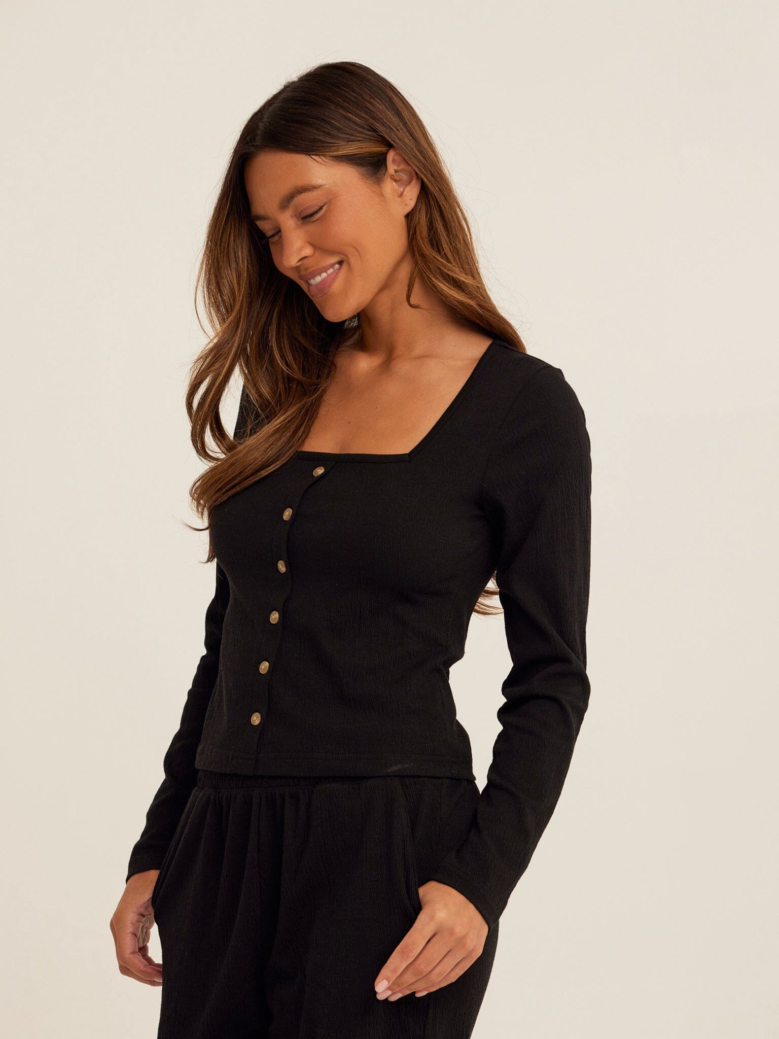 Jamila Smocked Jersey Long Sleeve Square Neck Button-Front Top