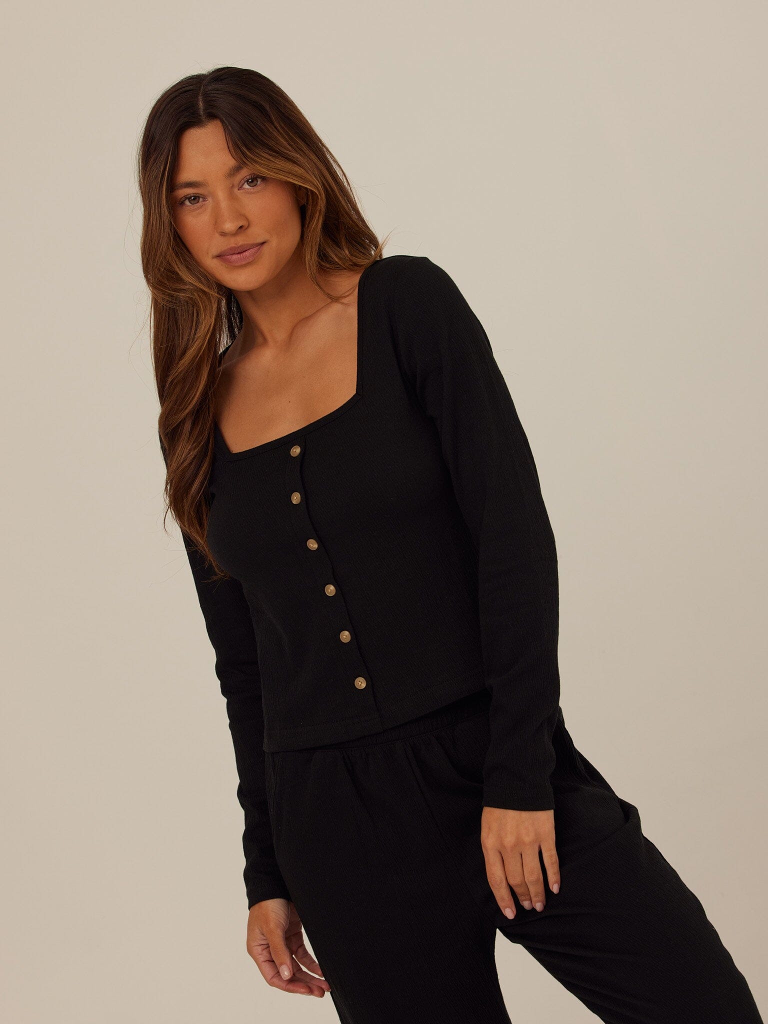 Jamila Smocked Jersey Long Sleeve Square Neck Button-Front Top