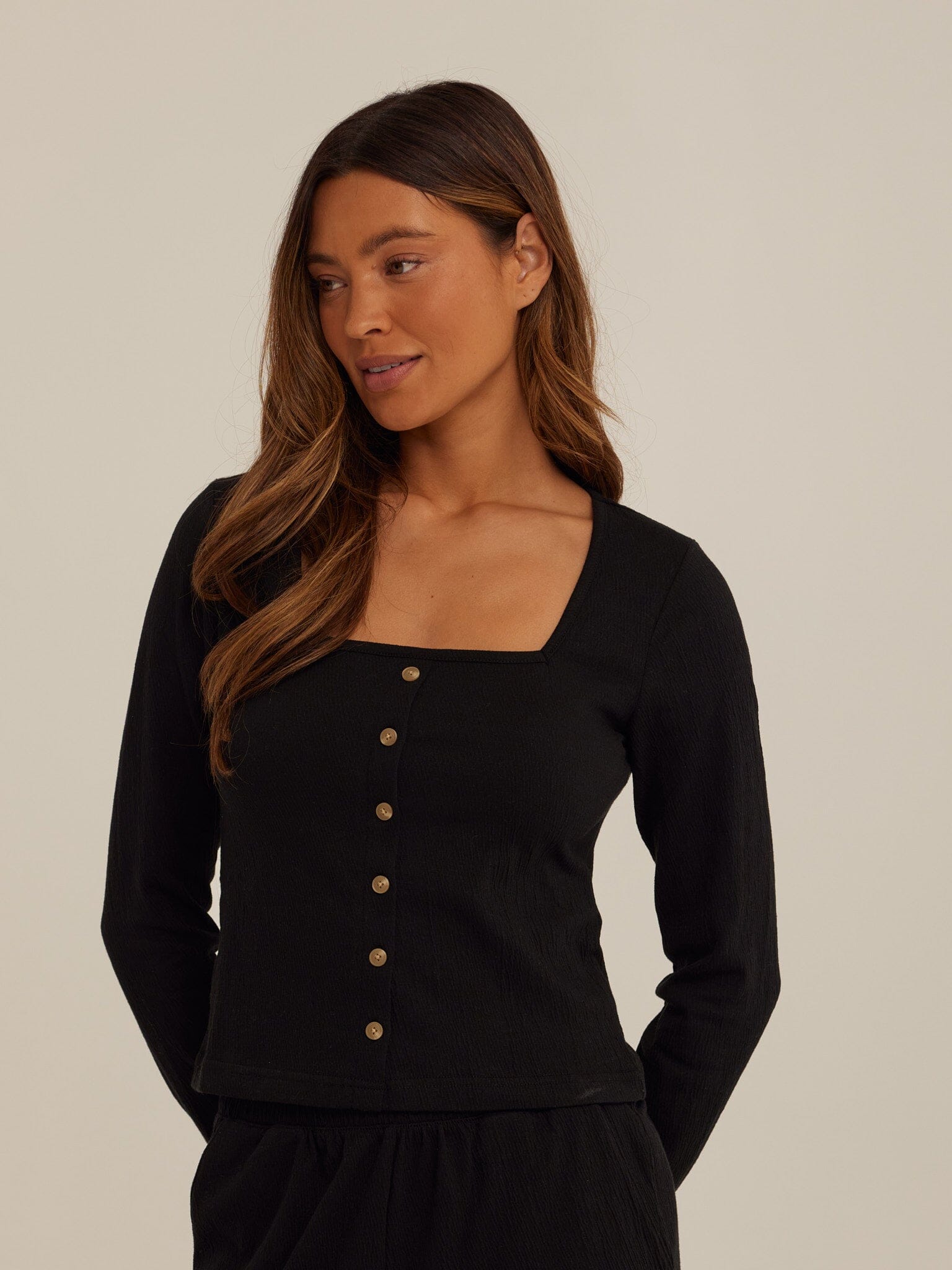 Jamila Smocked Jersey Long Sleeve Square Neck Button-Front Top