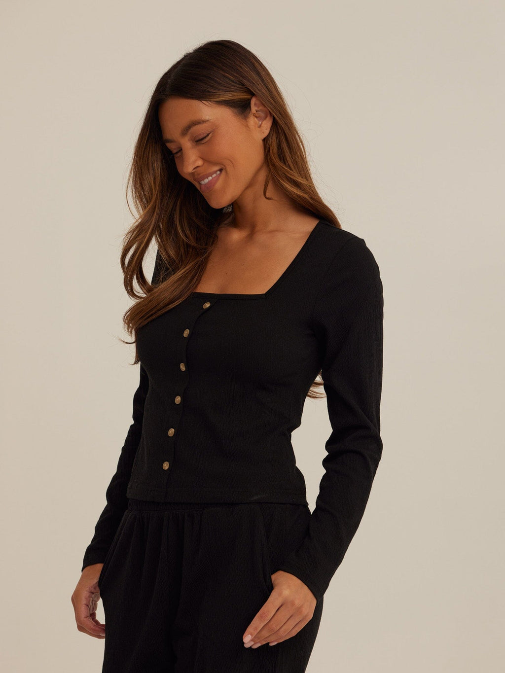 Jamila long sleeve smocked jersey top featuring a square neckline and button-front detail in a fitted silhouette