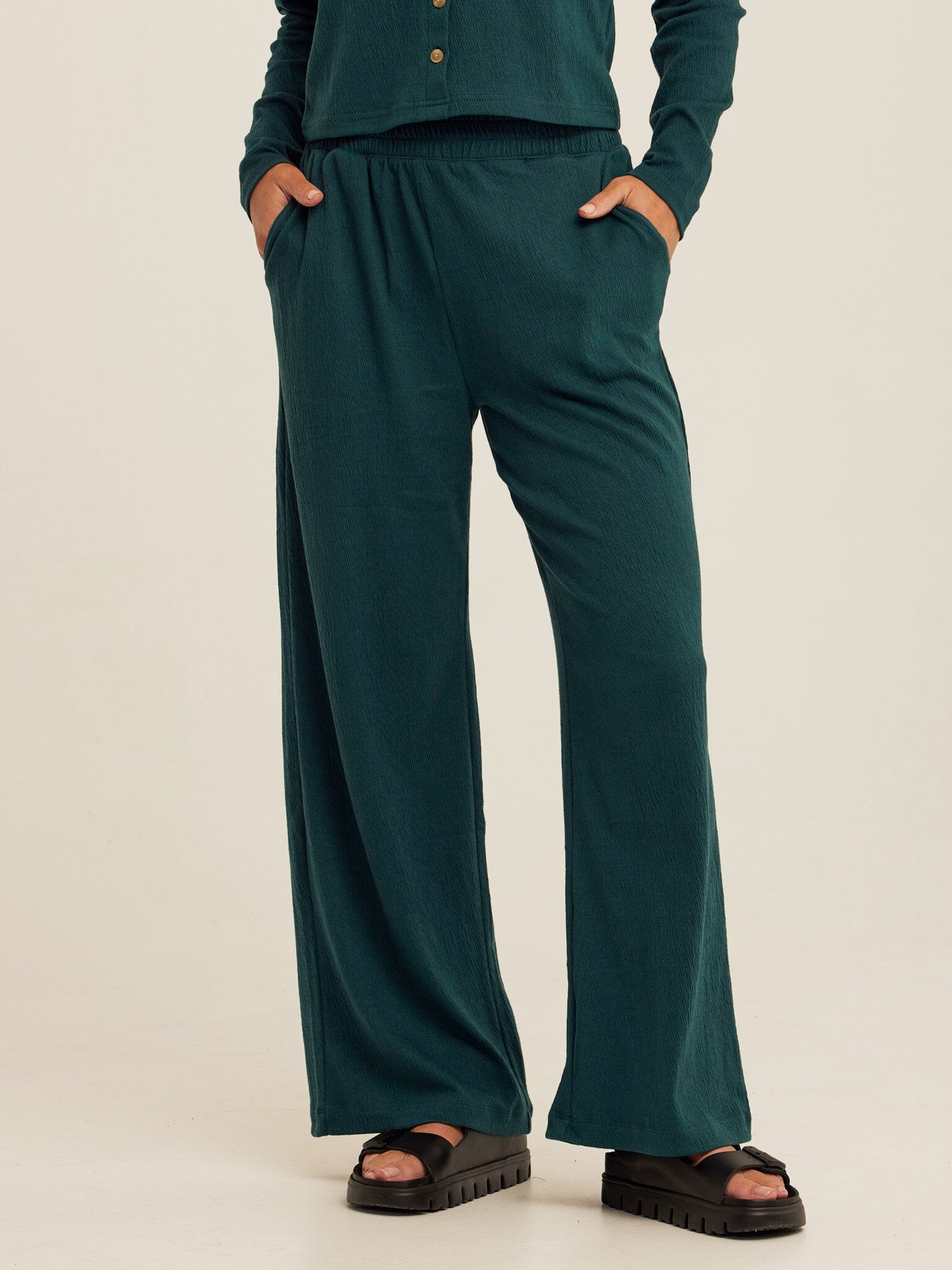 Dark Green Smocked Jersey Wide Leg Pant for Effortless Lounging