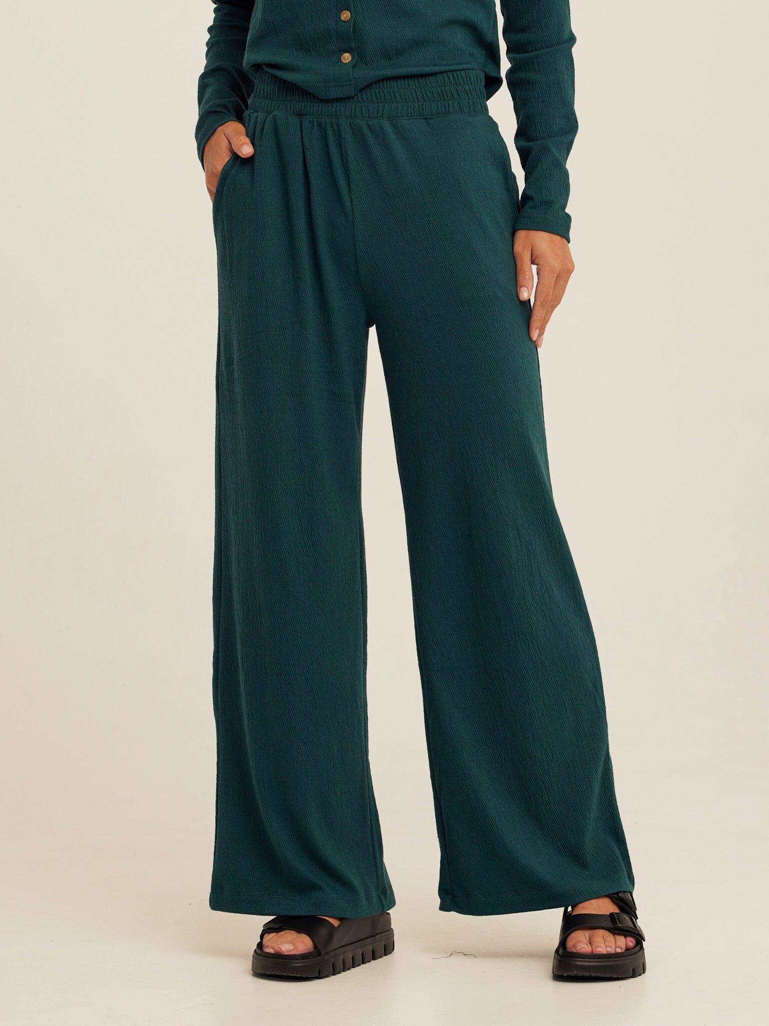 Dark Green Smocked Jersey Wide Leg Pant for Effortless Lounging