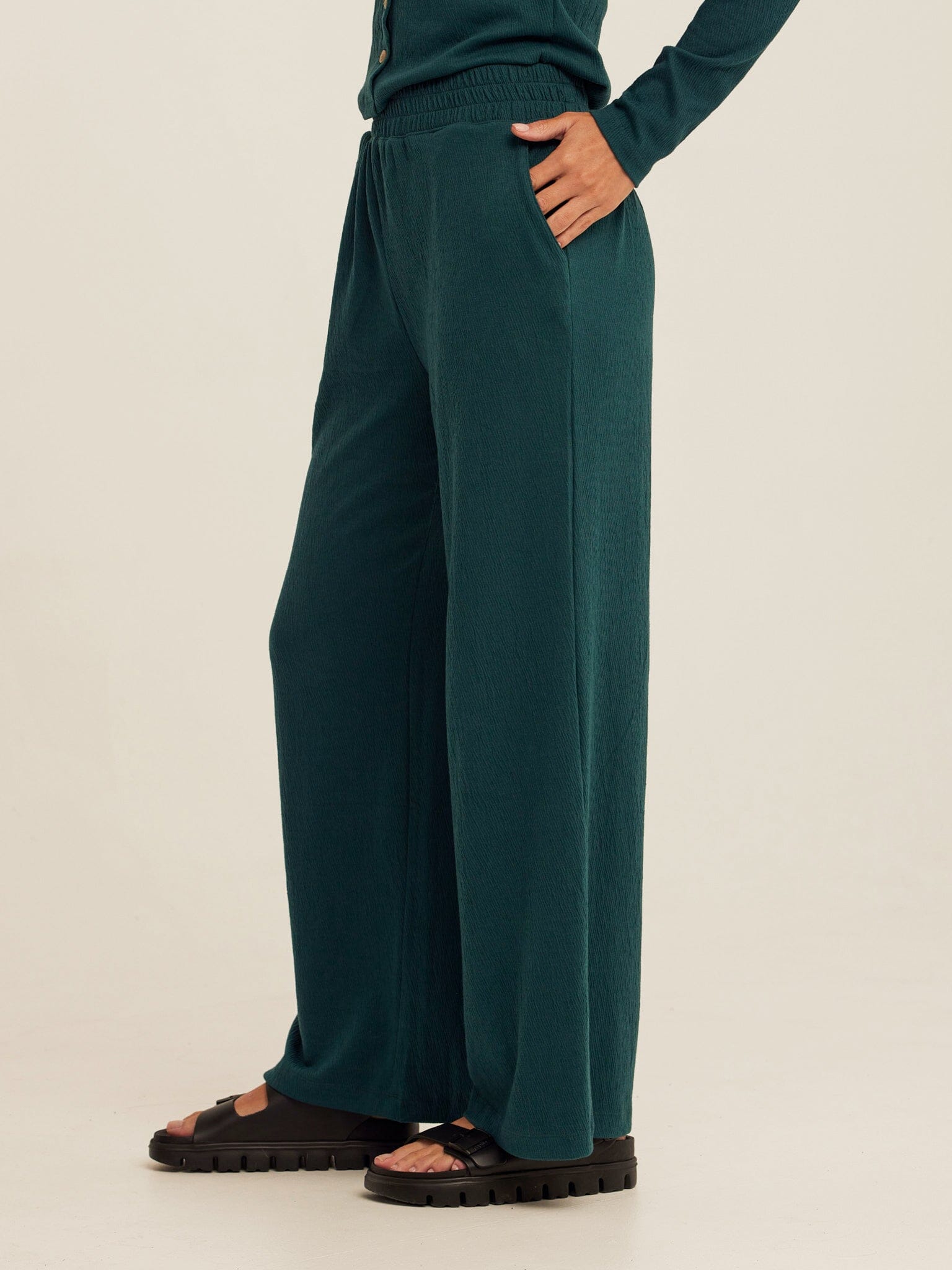 Dark Green Smocked Jersey Wide Leg Pant for Effortless Lounging