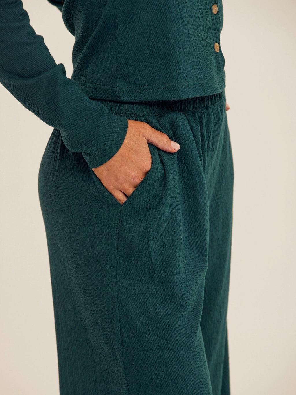 Dark Green Smocked Jersey Wide Leg Pant for Effortless Lounging