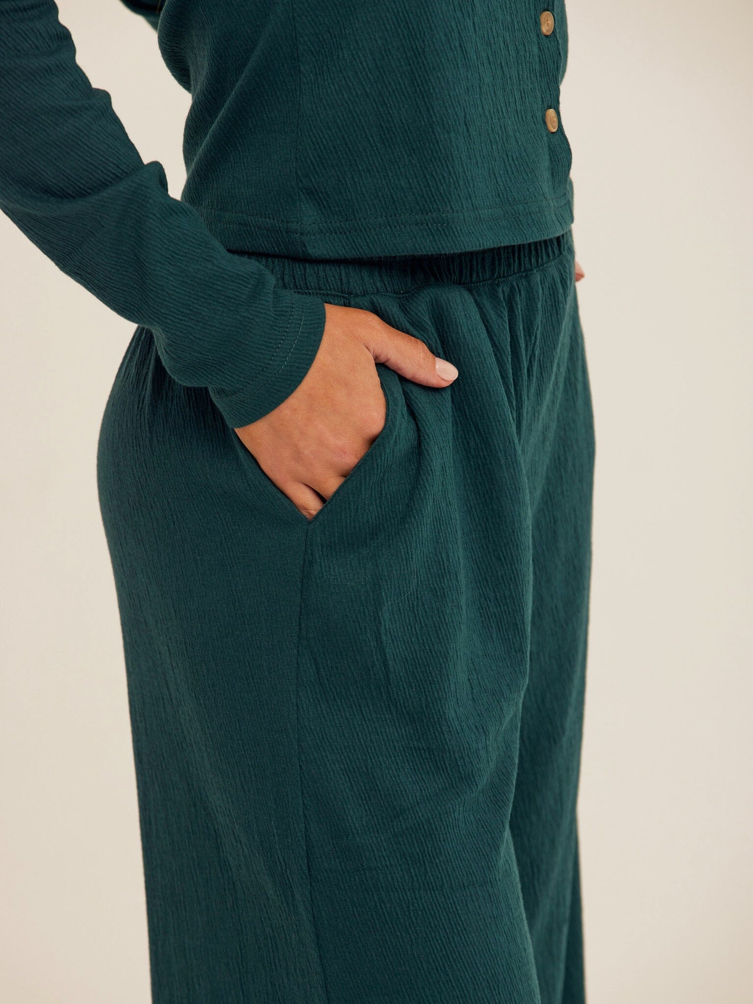Dark Green Smocked Jersey Wide Leg Pant for Effortless Lounging