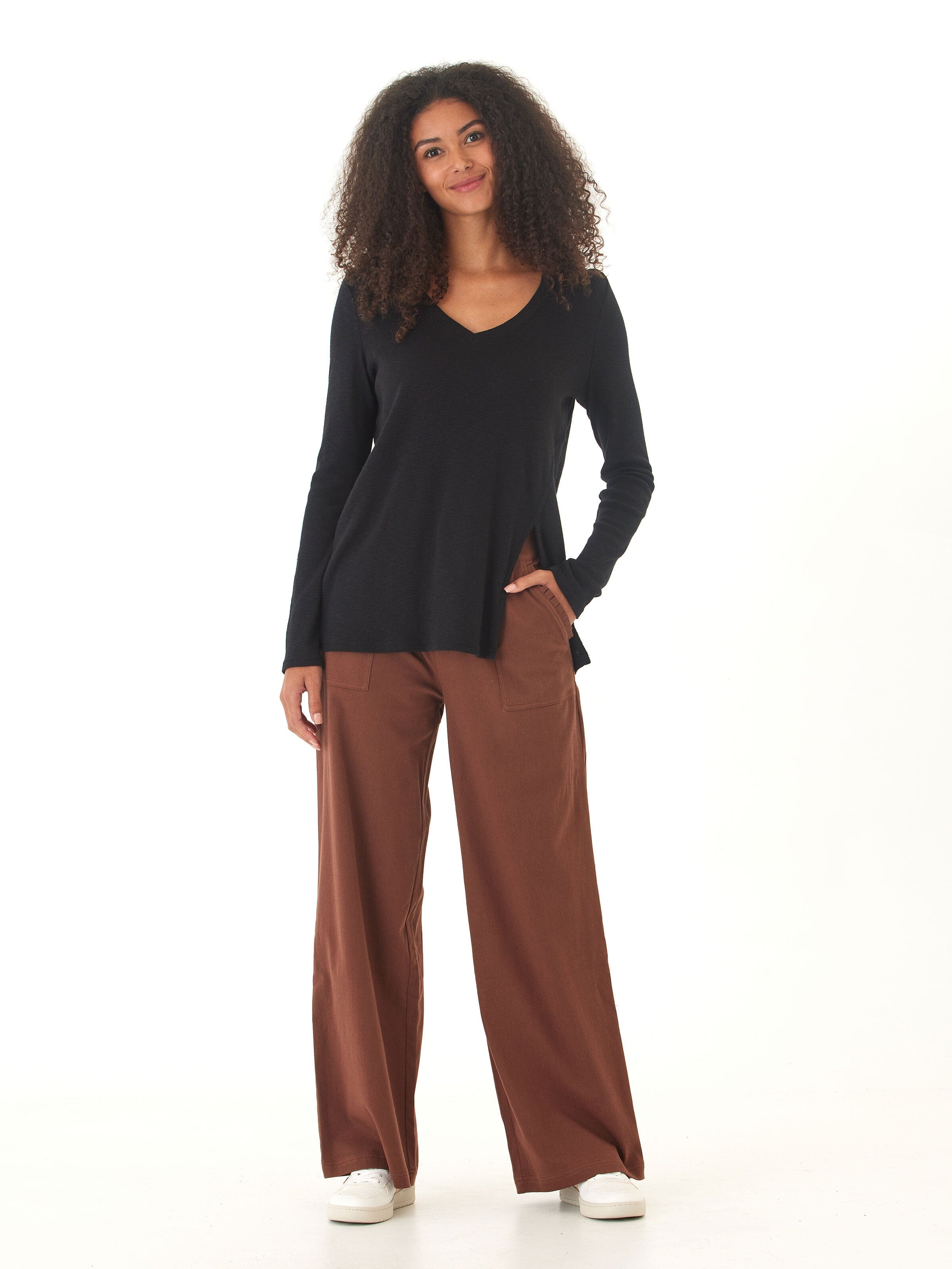 Agatha Textured Slub Jersey Long Sleeve V-Neck Top