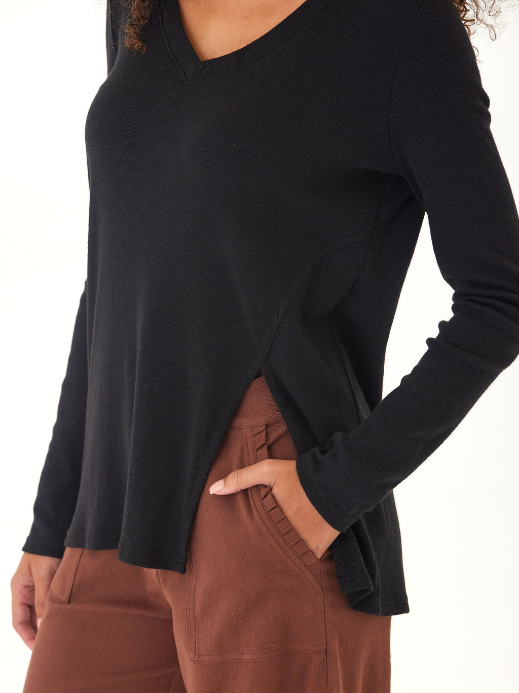 Agatha Textured Slub Jersey Long Sleeve V-Neck Top