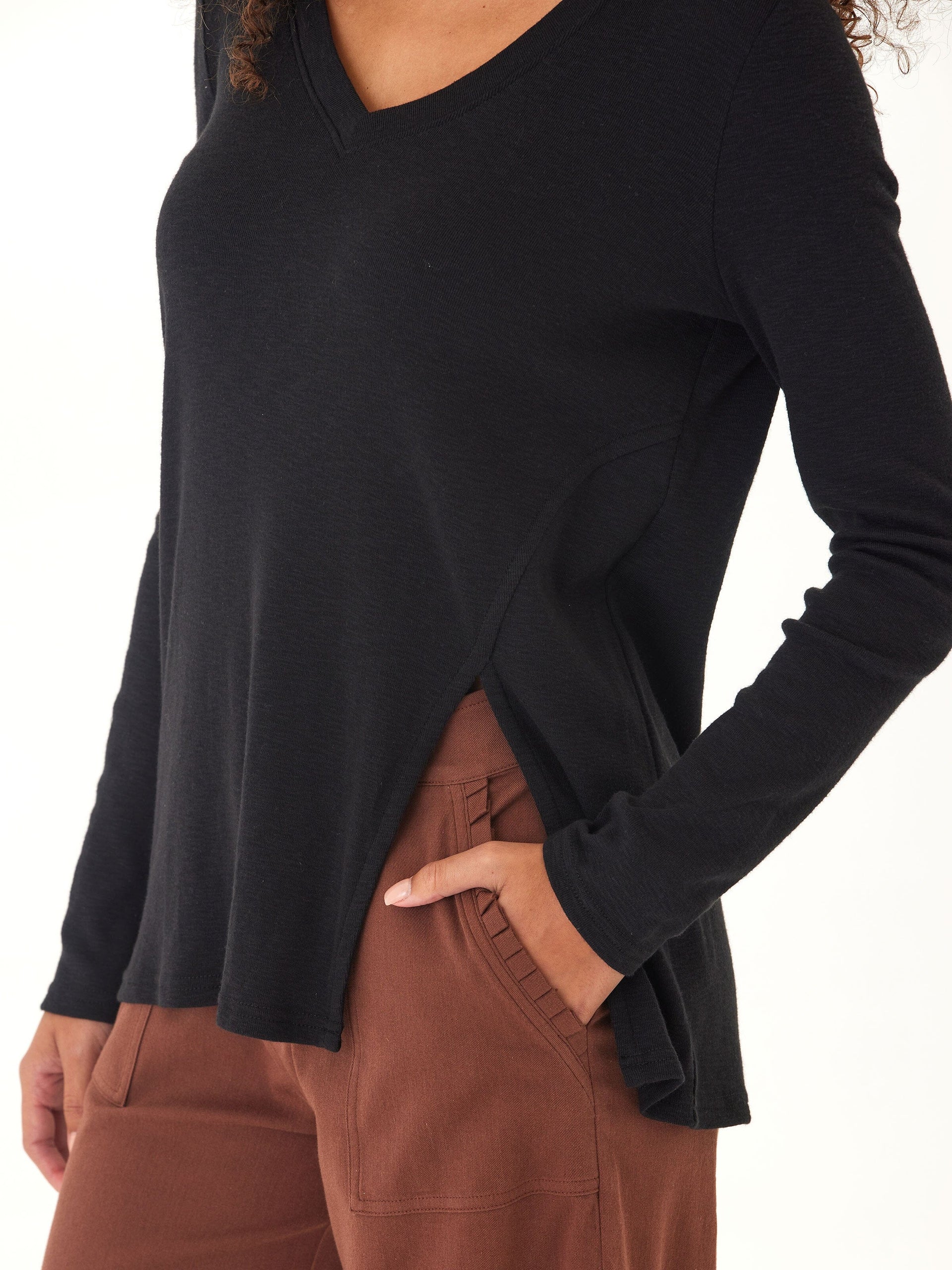 Agatha Textured Slub Jersey Long Sleeve V-Neck Top