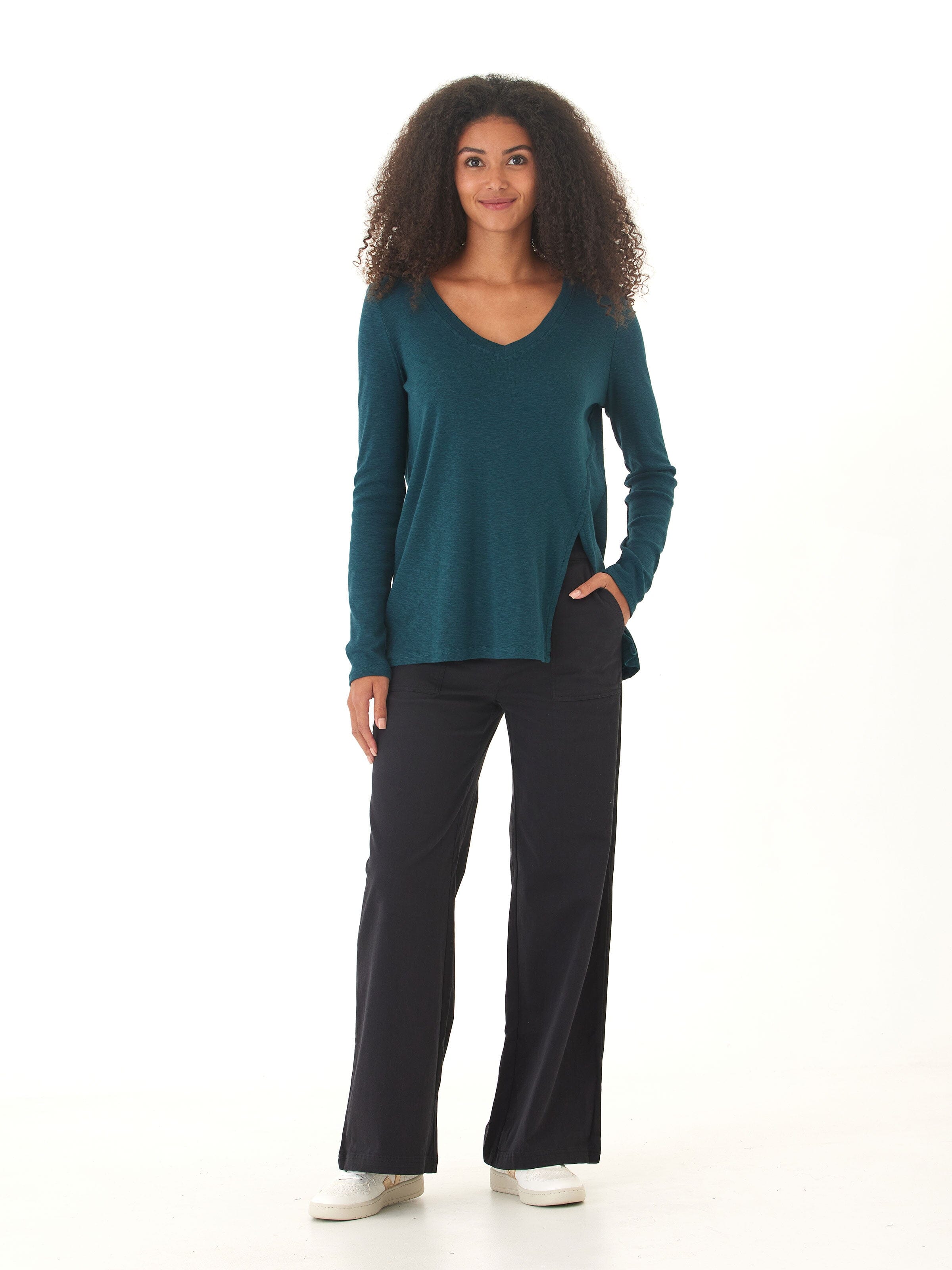 Agatha Textured Slub Jersey V-Neck Long Sleeve Top