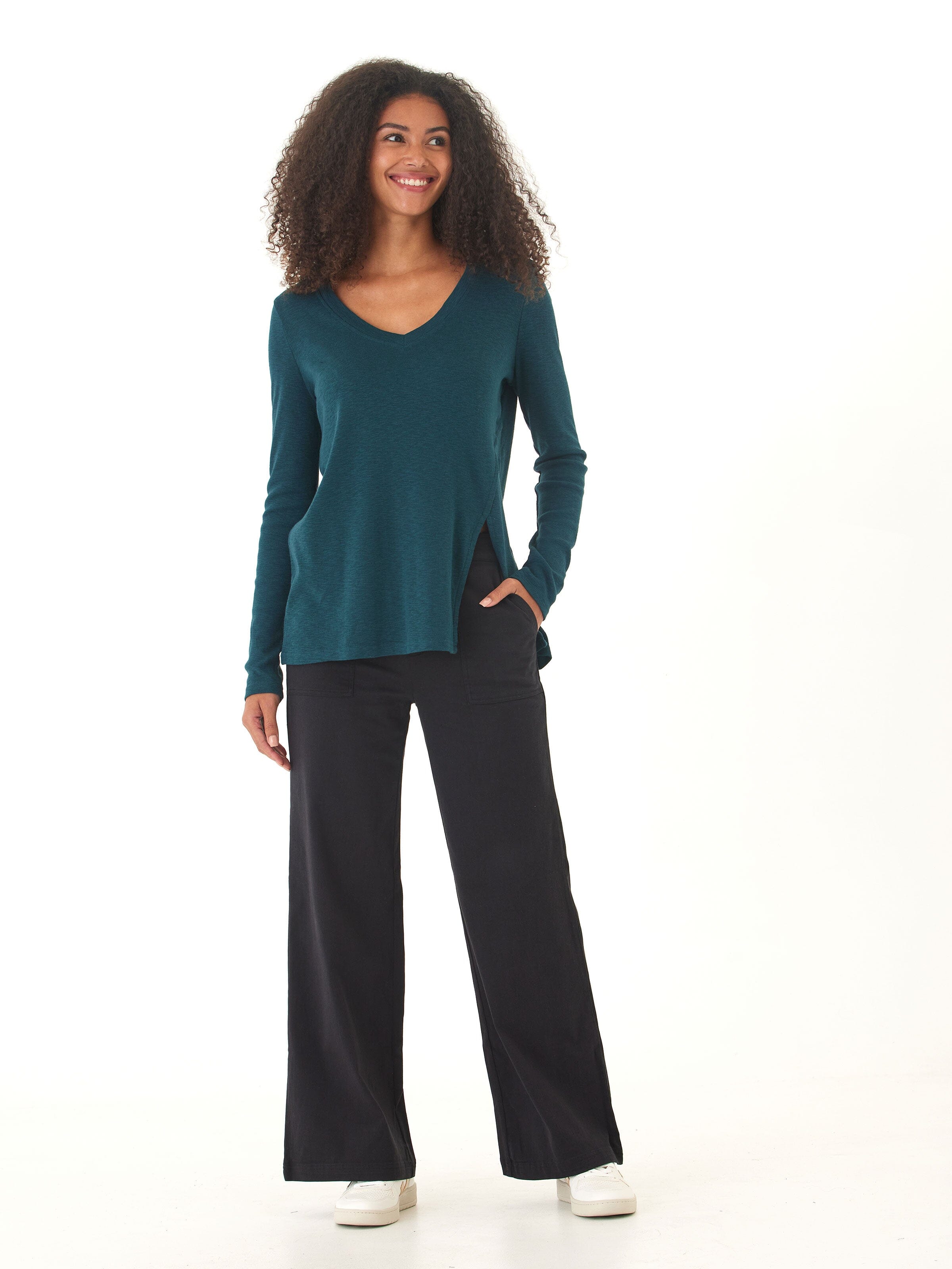 Agatha Textured Slub Jersey V-Neck Long Sleeve Top