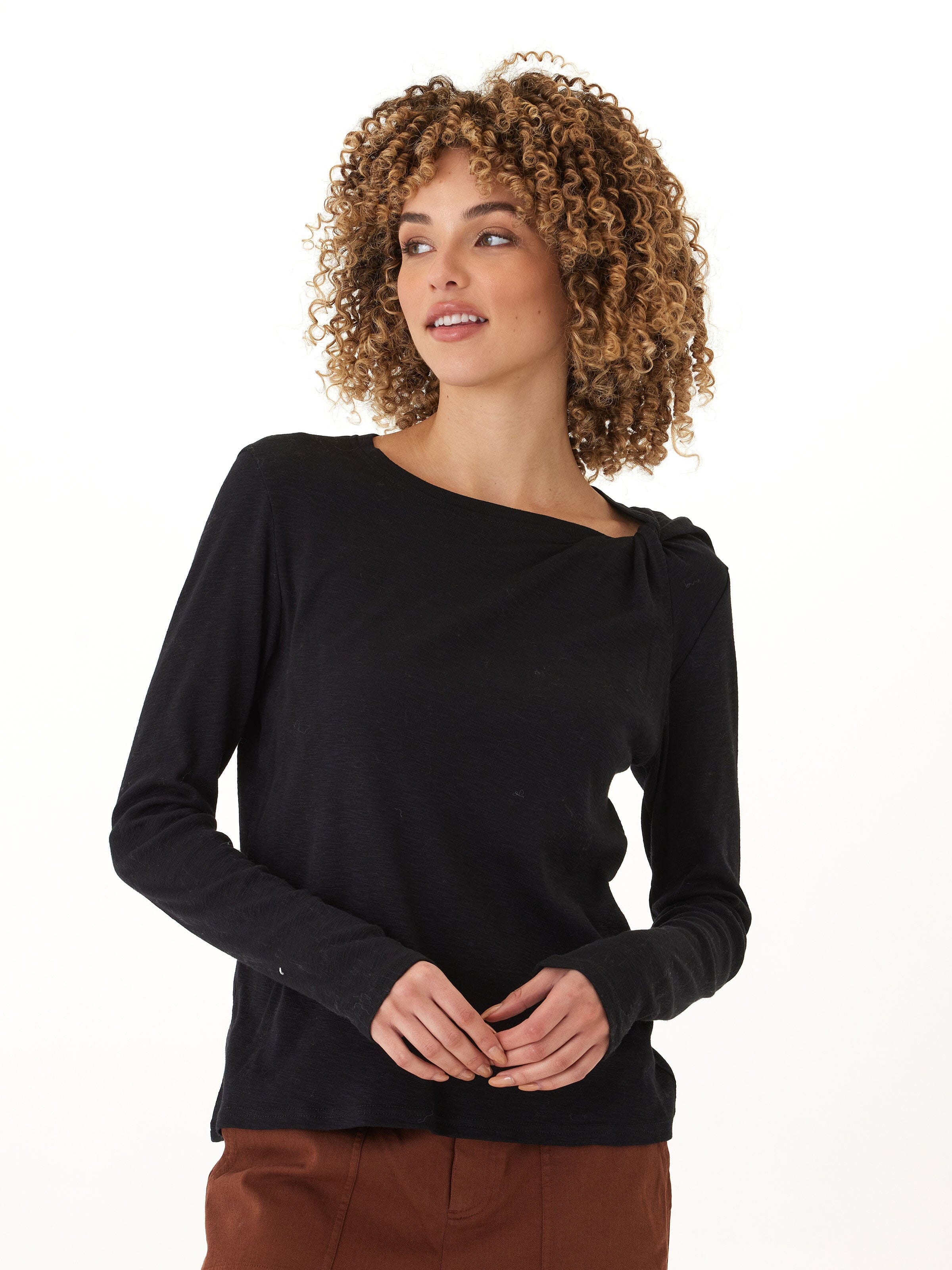 Francine Textured Slub Jersey Twist Long Sleeve Top in Black