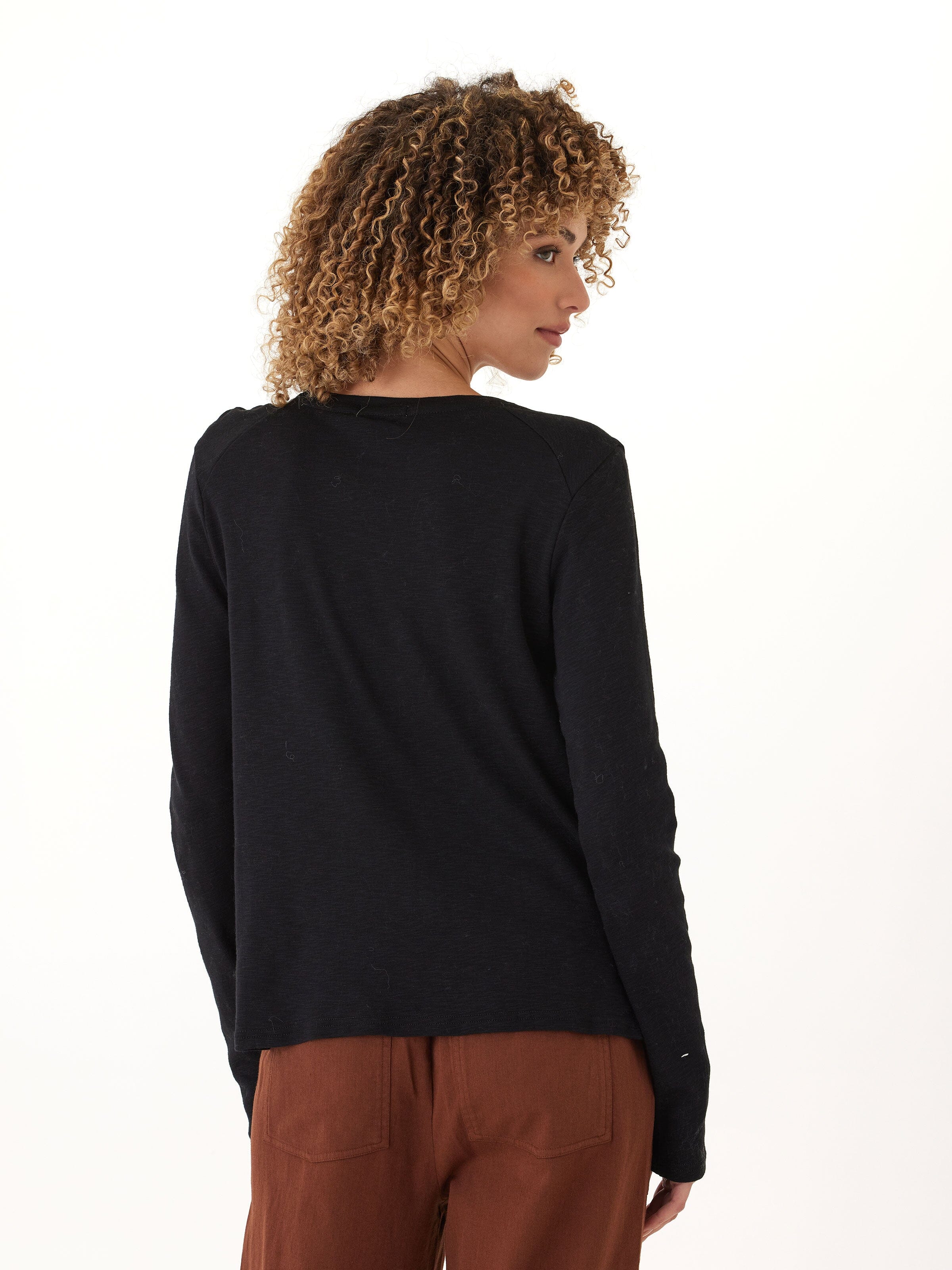 Francine Textured Slub Jersey Twist Long Sleeve Top in Black