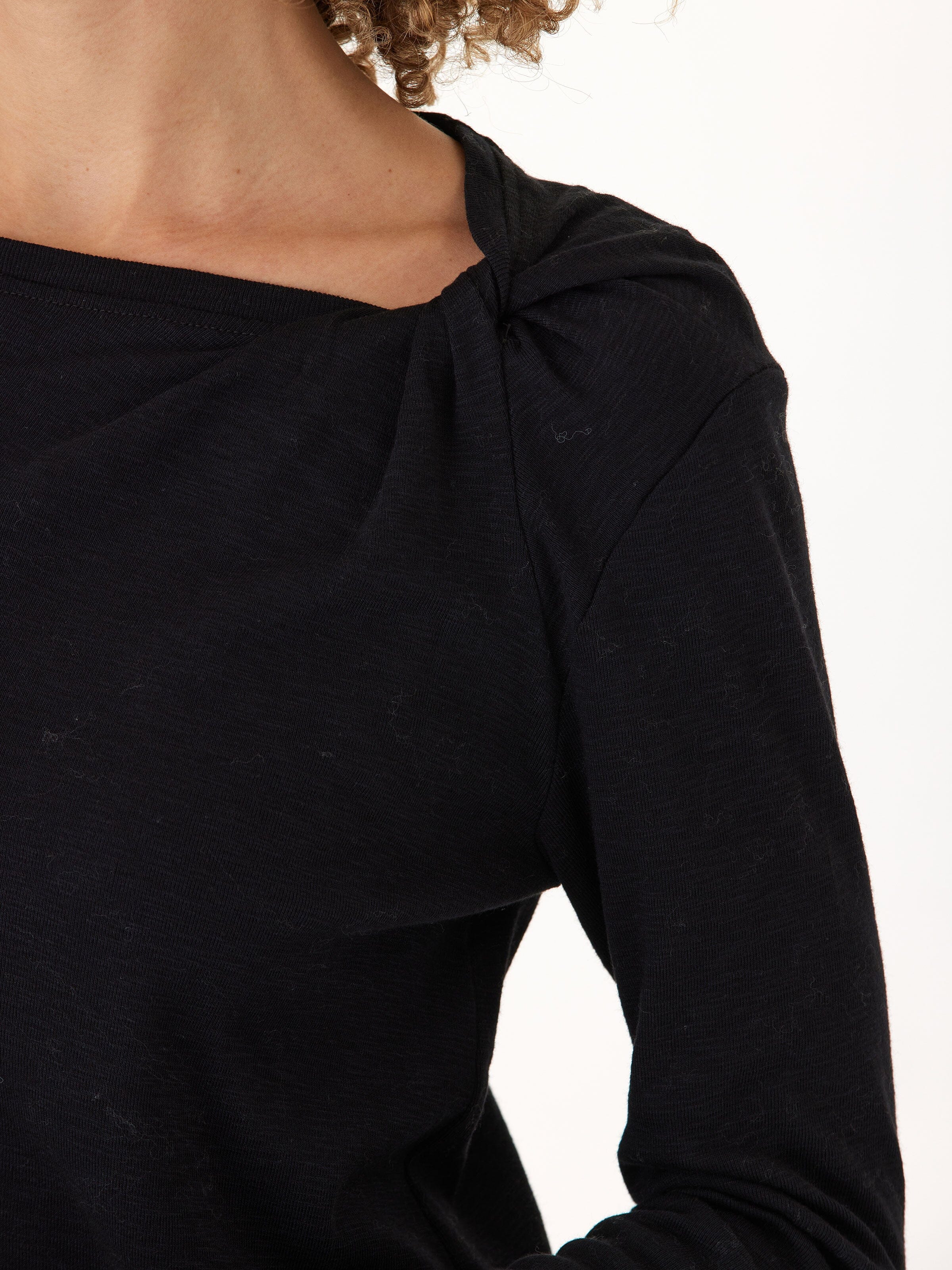 Francine Textured Slub Jersey Twist Long Sleeve Top in Black